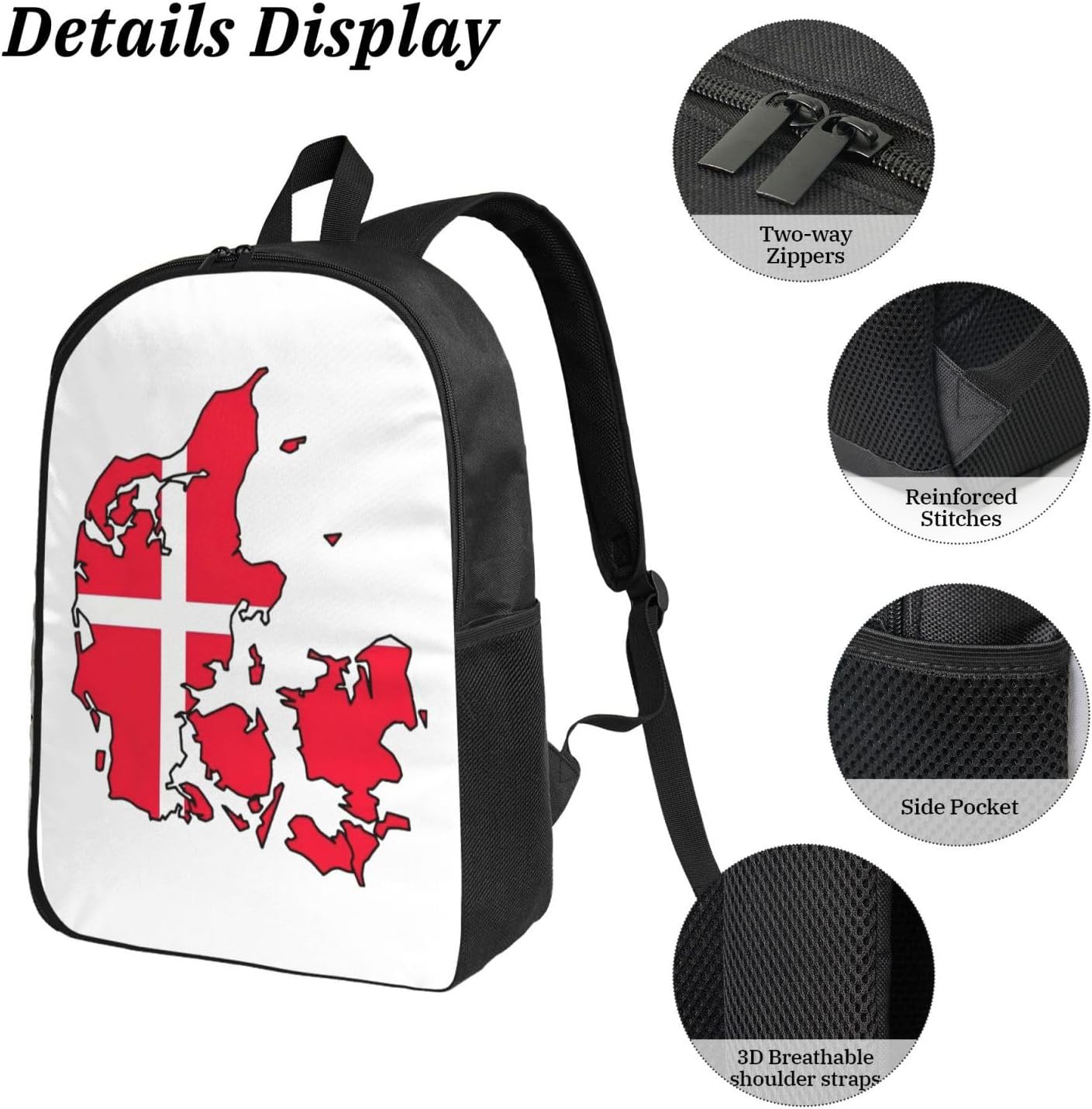 Danish Flag Map print 3 Piece Backpack Bags with Lunch Box Pencil Case Set for Travel Work Camping Unisex