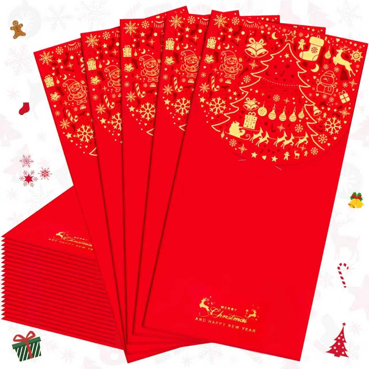20 Pcs Christmas Red Envelopes, 9 x 18 cm Large Holiday Money Gift Envelopes, Elegant Gold Foil Christmas Tree, Santa Claus and Snowman Design Packets for Xmas Presents, Weddings, Birthdays