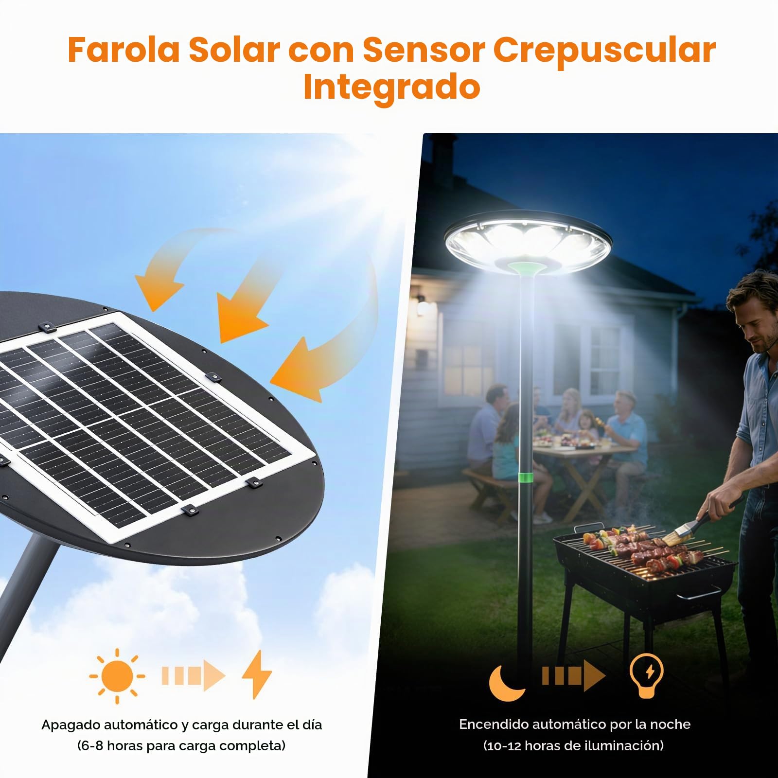 Farola solar para exteriores foco LED 75W para jardín patio garaje | con sensor de movimiento y poste de luz de 240cm de altura, base rellenable con agua, luz de seguridad, lámparas solares