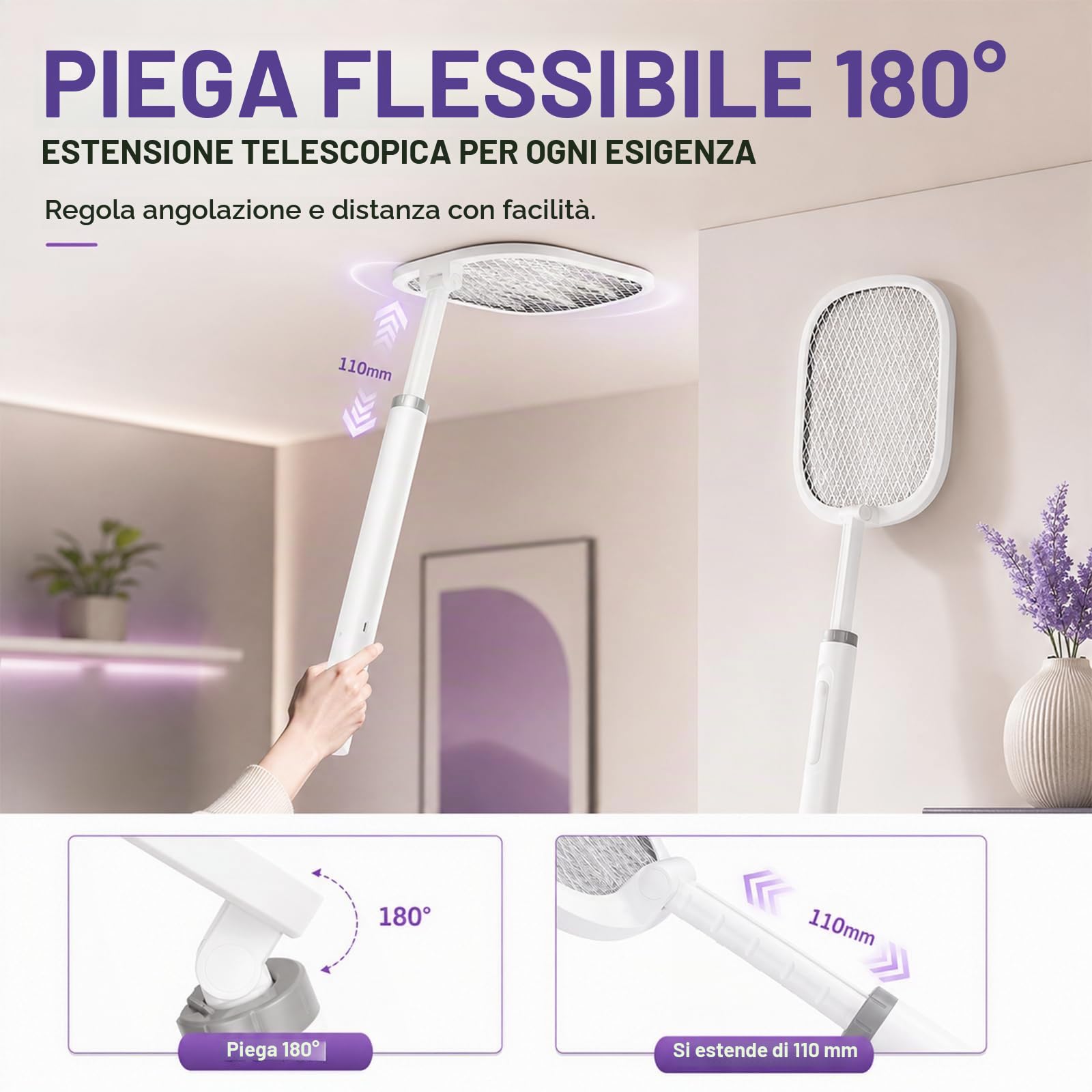 Racchetta Zanzare Elettrica (2 Pezzi), 5000V Ammazza Zanzare e Mosche 2 in 1 con Luce Notturna, Testa Pieghevole 180° e Lunghezza regolabile da 61 a 72 cm, 2000mAh, Lampada Antizanzare da Interno