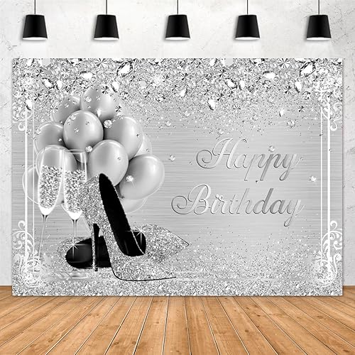 Aperturee Telón de fondo plateado de 7 x 5 pies, diamantes con brillantina, globos de tacón alto, cristal champán, niñas y mujeres, dulces 16, fondo
