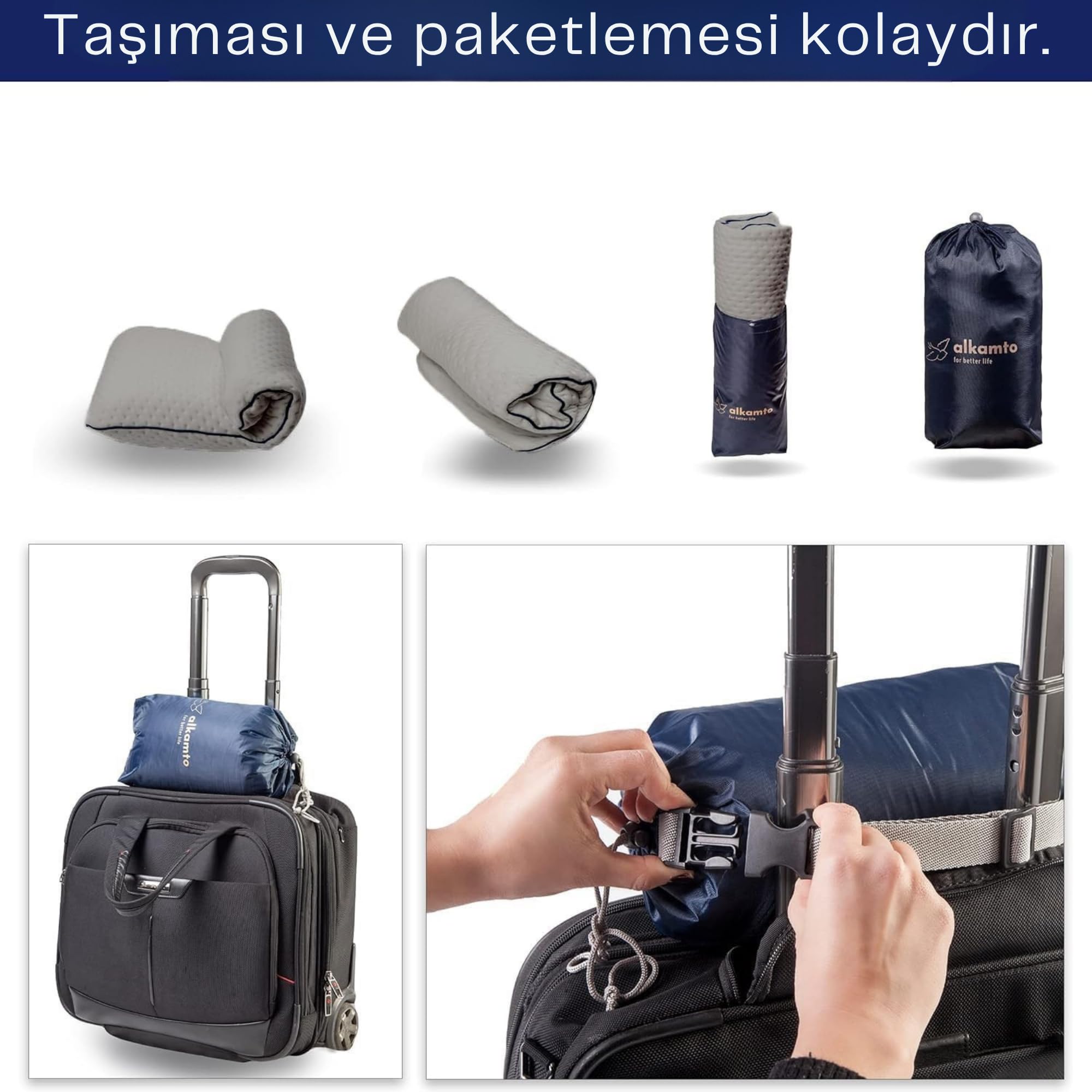 alkamto Almohada de viaje – Almohada ergonómica de espuma viscoelástica para acampar con funda de almohada que regula la temperatura, incluye bolsa de transporte impermeable (gris, 35 x 30 x 10/8 cm)