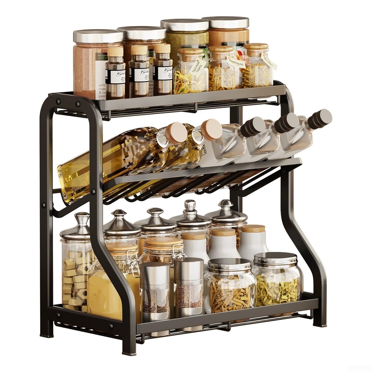 Organizador de cocina de 3 niveles, estante inclinado para condimentos, solución de almacenamiento que ahorra espacio, construcción de acero, soporte de encimera para una organización eficiente
