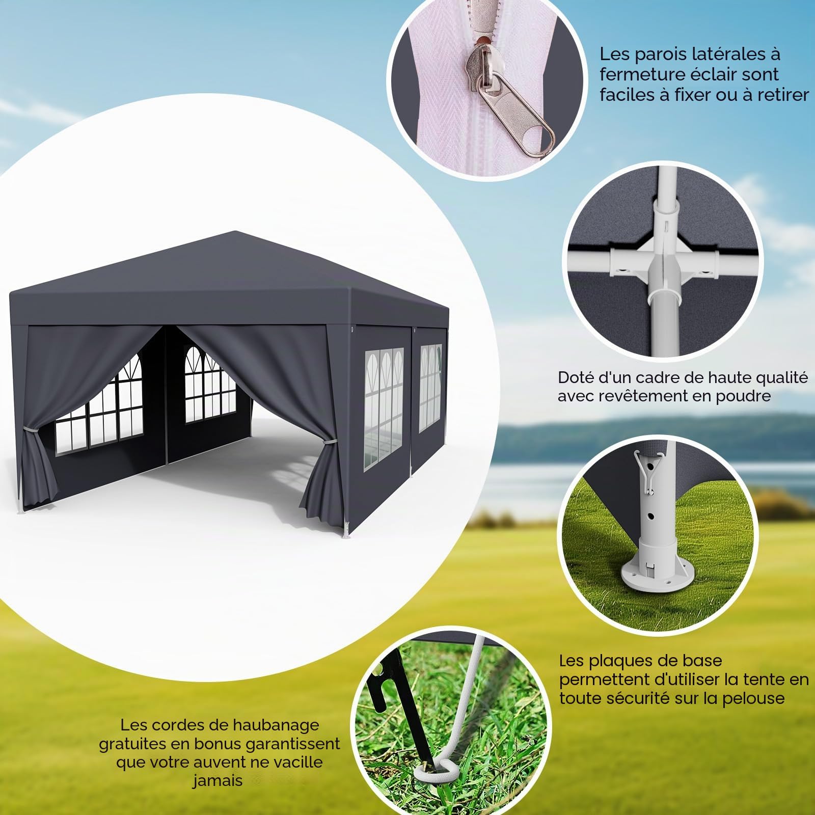 Tonnelle Pliable 3 x 6 m, imperméable, Stable, résistante à l'hiver, avec Panneaux latéraux Amovibles, Protection UV et Coupe-Vent, tonnelle de Jardin, Tente de fête, pour marché, Festival
