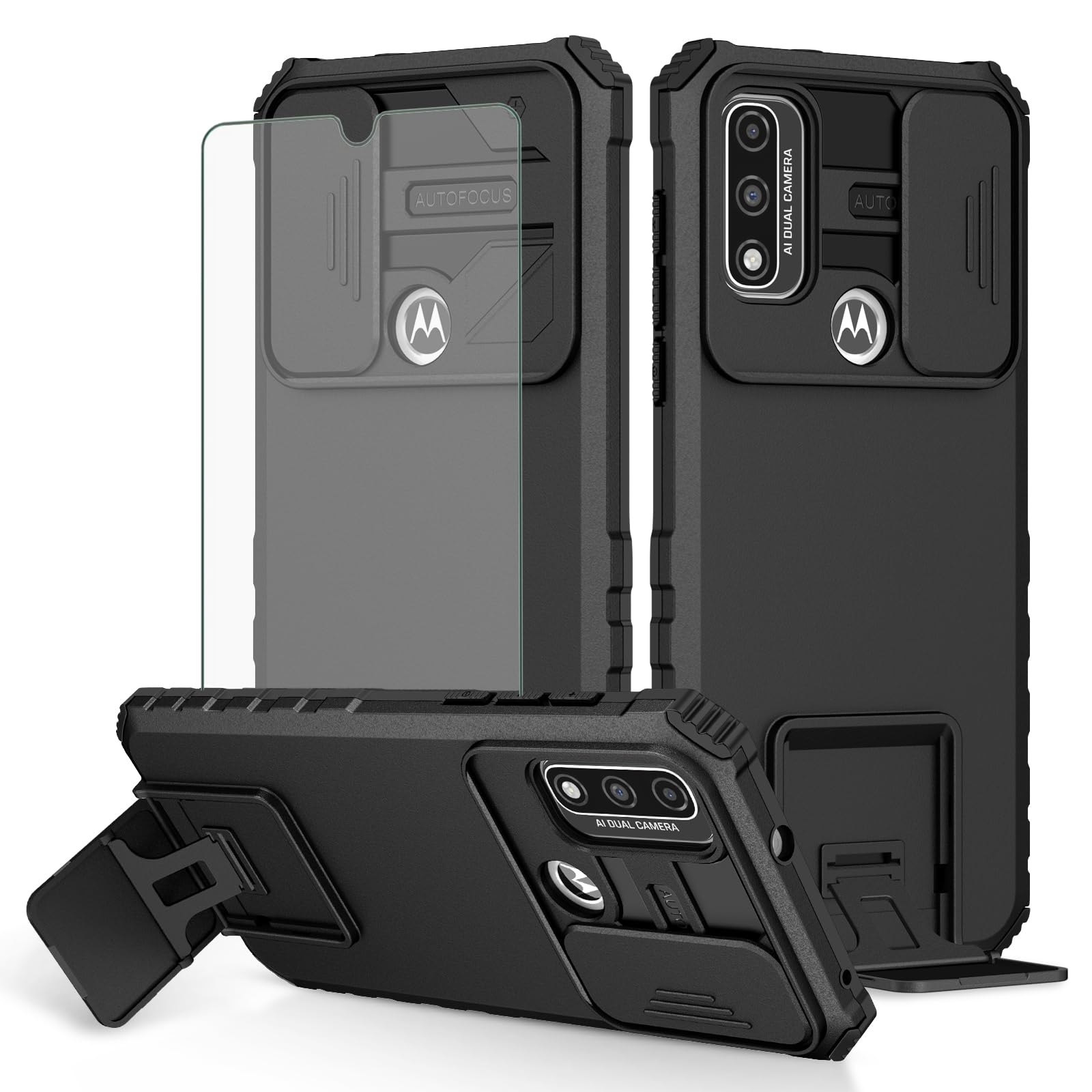 Asuwish Phone Case for Motorola Moto G Pure 2021 with Tempered Glass Screen Protector and Slide Camera Cover Kickstand Stand Slim Protective Cell