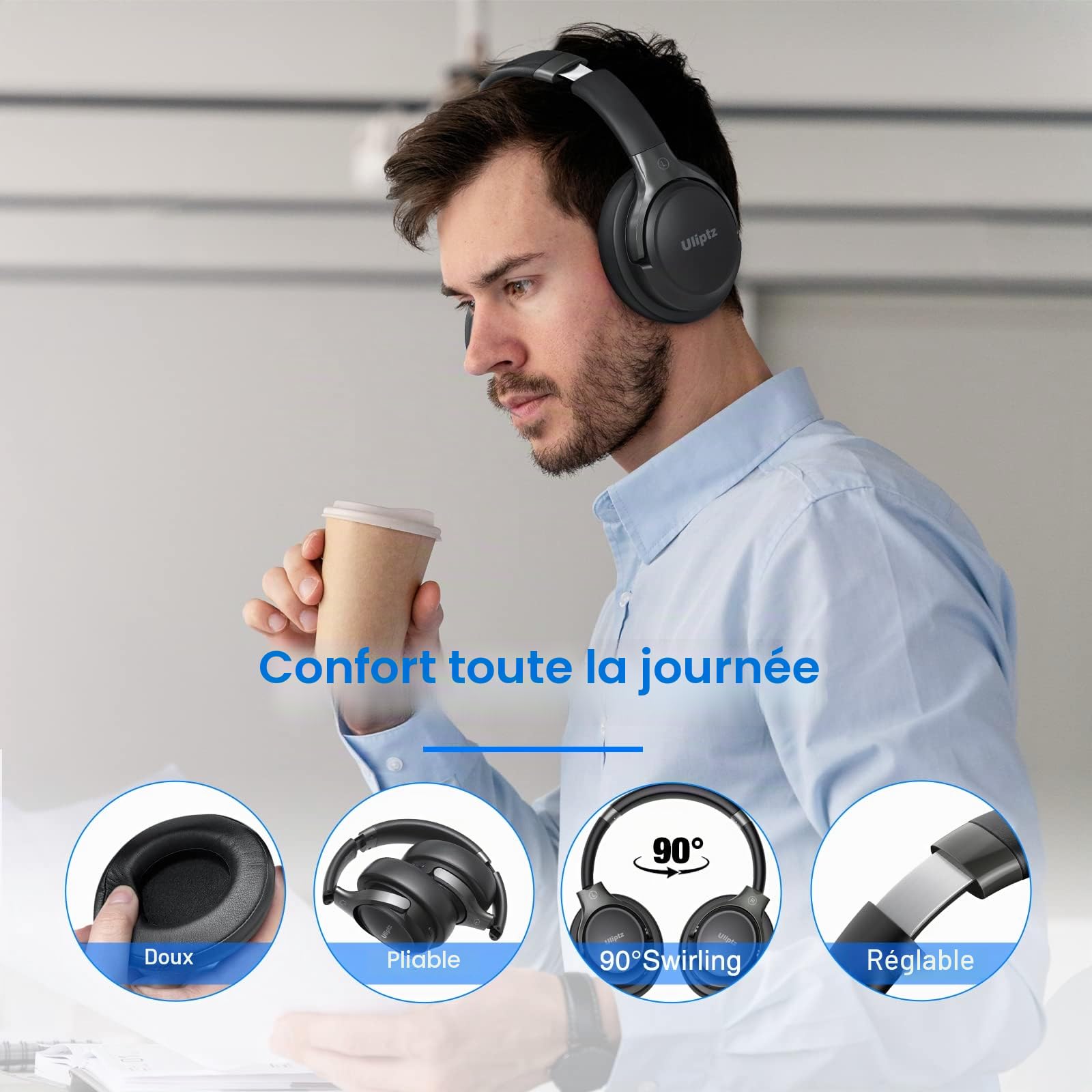 Uliptz Casque Bluetooth sans Fil, 65 Heures de d’écoute, 6 EQ du Son Modes, Casque stéréo HiFi avec Microphone, Pliable léger Casque Bluetooth 5.3 pour Voyage/Travailler/Téléphoner/PC