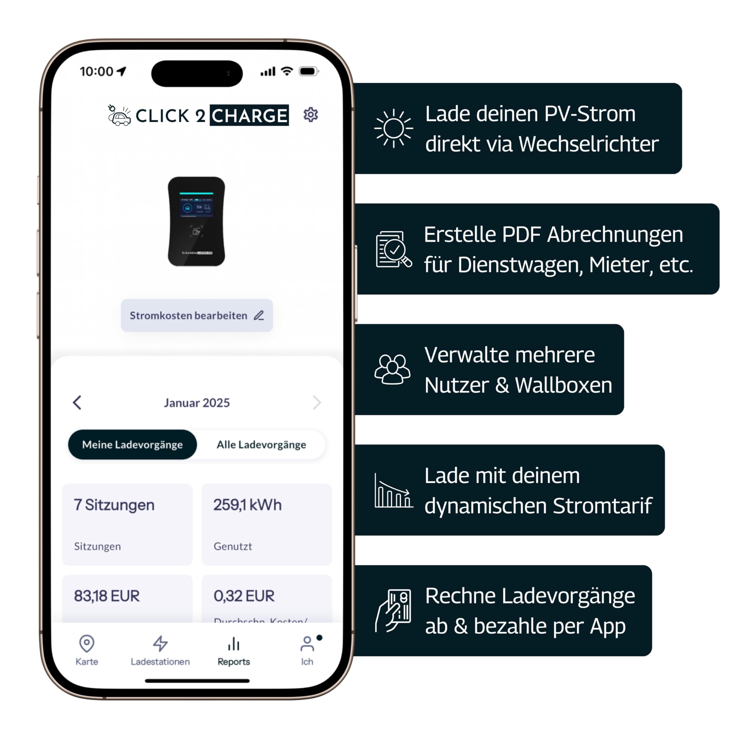 DAHEIM LADEN.DE Touch PRO Wallbox 11kW, mit 7.5m Ladekabel, mit App, MID-Stromzähler, PV-Überschussladen, Lastmanagement, RFID, 14a