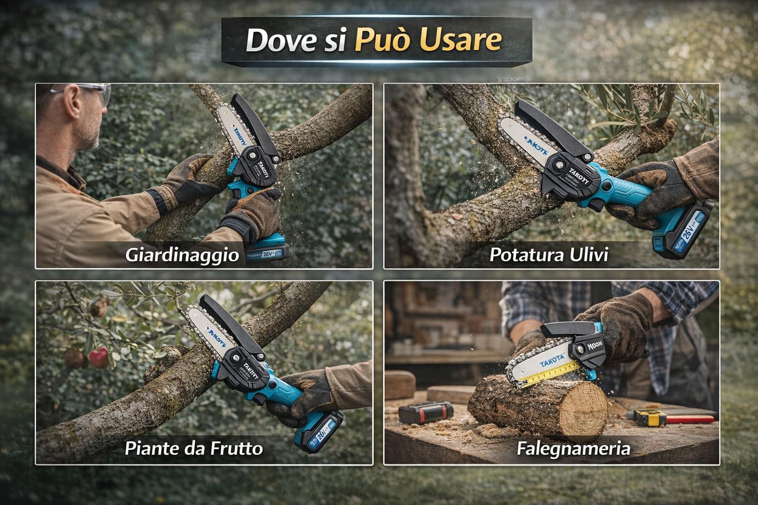 Mini Motosega a Batteria 4 Pollici per Potatura, Motosega Elettrica Portatile con 2 Batterie 26V 2.0Ah, Sega a Catena Compatta per Taglio Rami, Giardino e Alberi, Leggera e Facile da Usare