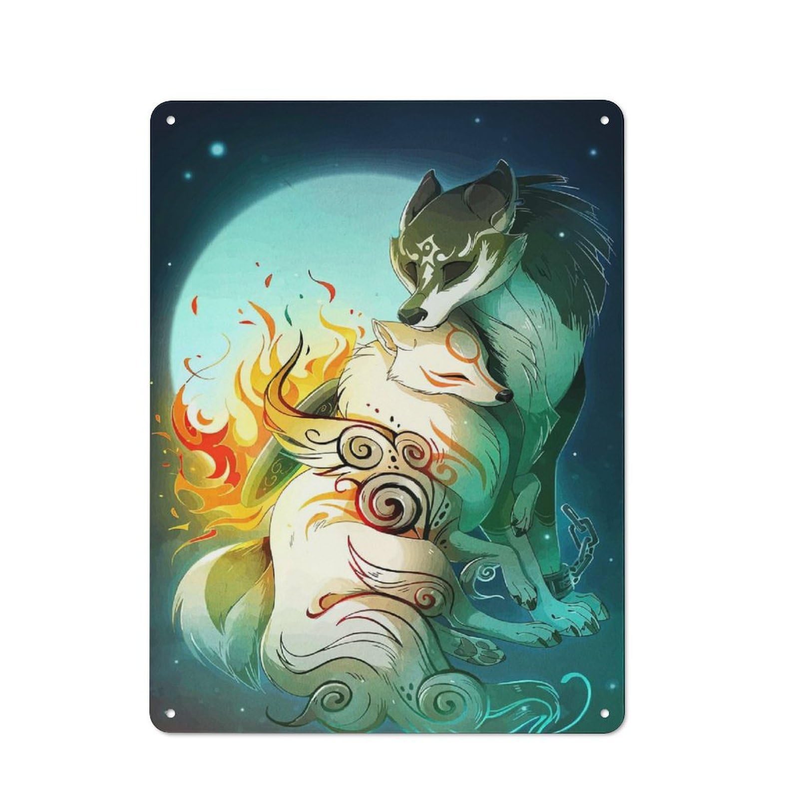 Junmoney Style-21 Wolf Link And Amaterasu Hugging Modern Vintage Metal Wall Decor 40X30cm, Tin Sign For Hobby Room, Office, Lounge Or Living Room