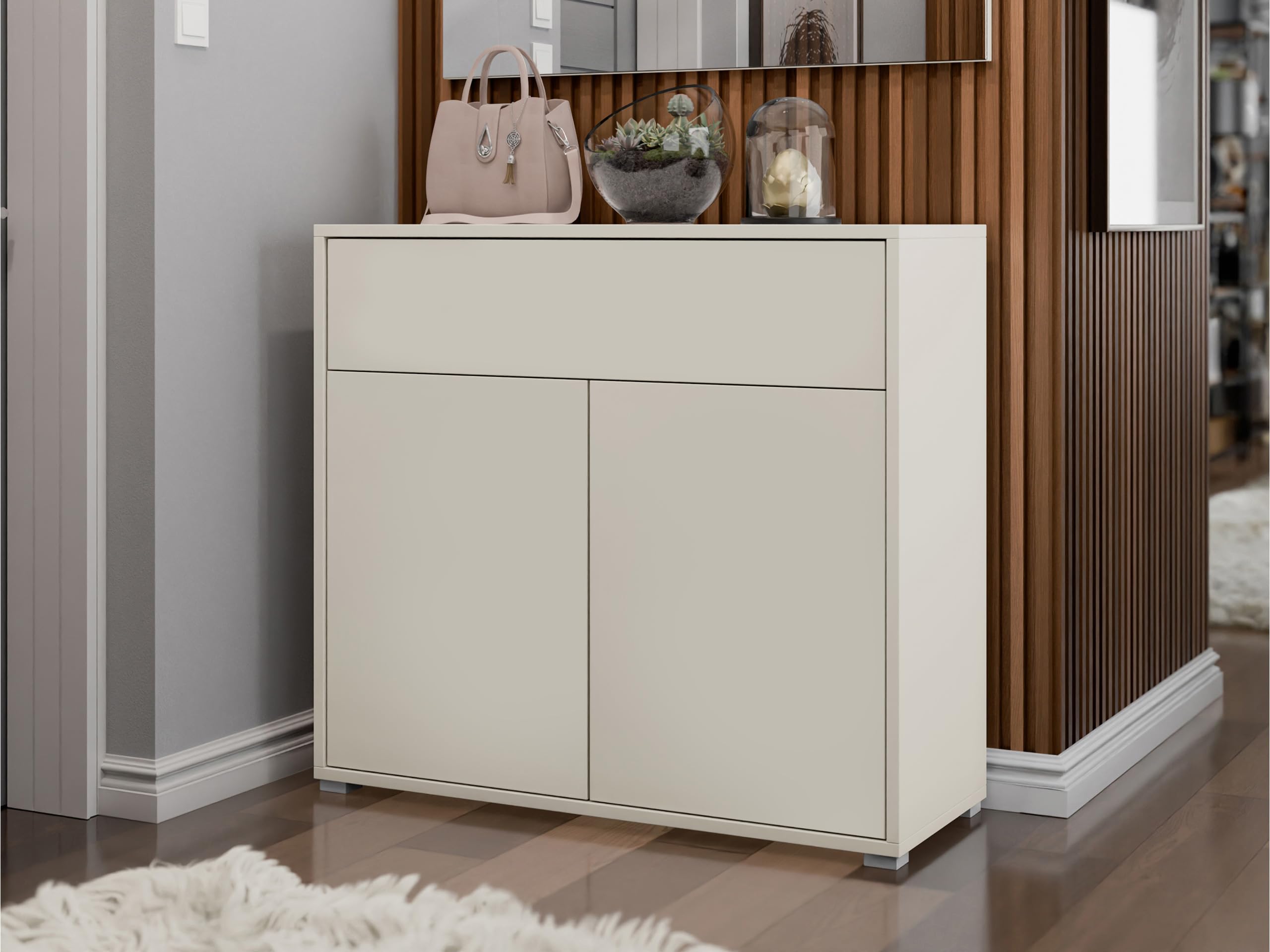 Mirjan24 Kommode Gesita 2D1SZ mit 2 Türen und 1 Schublade (Cashmere) | Grifflose Mehrzweckkommode mit Push-to-open-System, geräumigen Fächern und Rollenführung, B/H/T: 100/93/40 cm