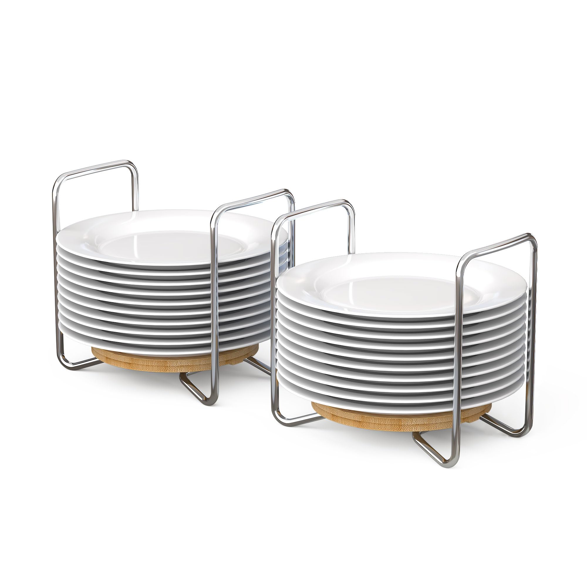 Photo 1 of Adjustable Dish Rack for Kitchen Counter - Bamboo Plate Holder Organizer for Cabinet Wooden Bowl Organizer Stainless Steel Plate Stand Storage for Kitchen Drawer Countertop Cupboard Shelf RV