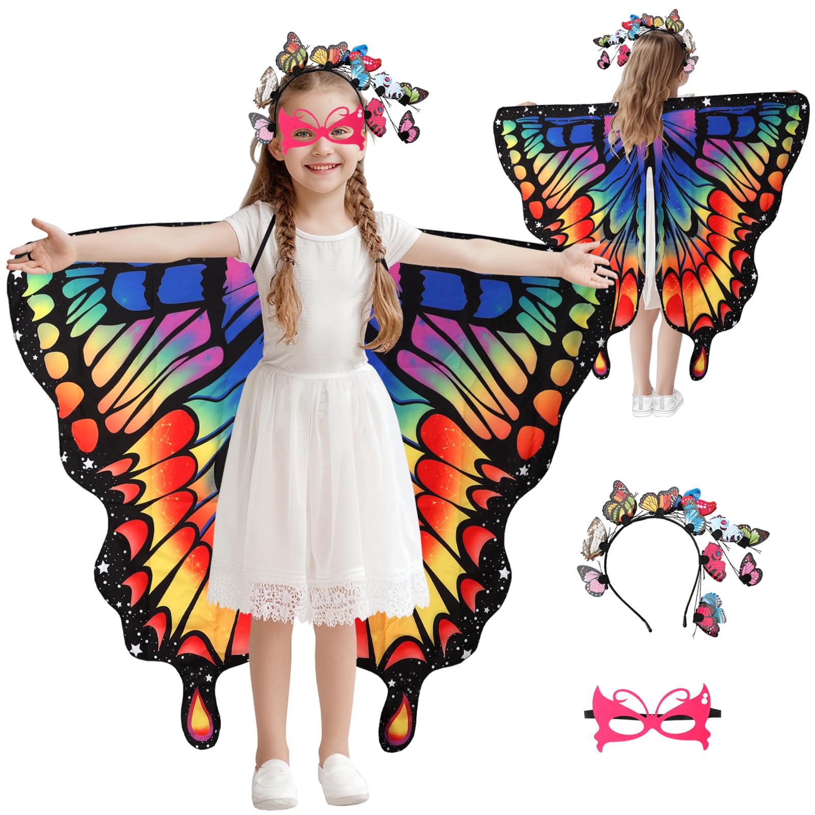 Double-Sided Fairy Butterfly Wings Costume Set With Cape, Skirt, Mask & Headband | Halloween Cosplay Dress Up