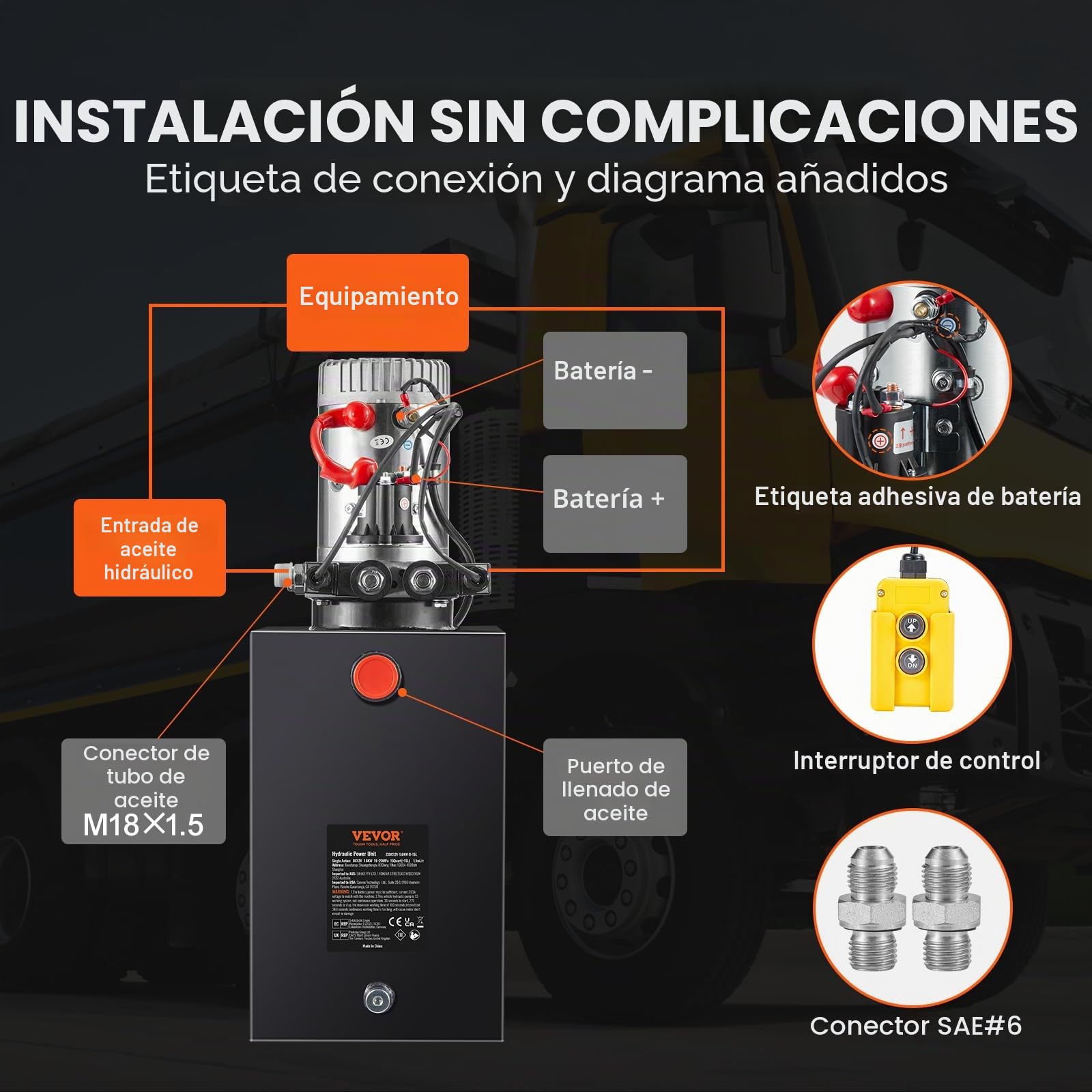 VEVOR Bomba Hidráulica DC 12 V 14 L Unidad Hidráulica de Doble Acción Flujo de Aceite 3,44 L/min Presión Máxima de Descarga 22 MPa para Volquete, Plataforma Elevadora, Remolque, Elevación y Descarga