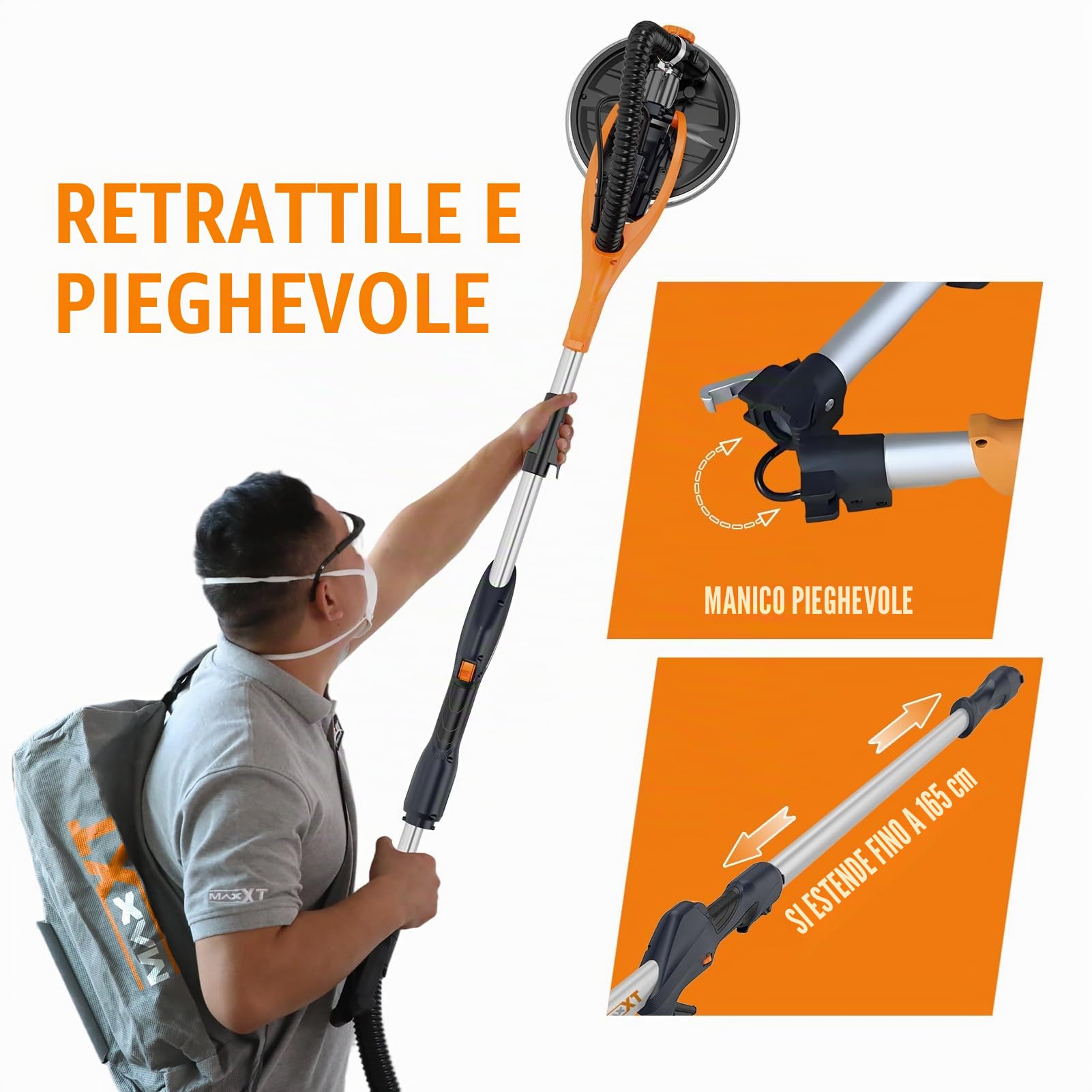 MAXXT Levigatrice per cartongesso Pieghevole Con aspirazione polvere VERO sistema di autoaspirazione Luce LED impugnatura telescopica Velocità variabile Motore 820W Sei dischi abrasivi 225mm