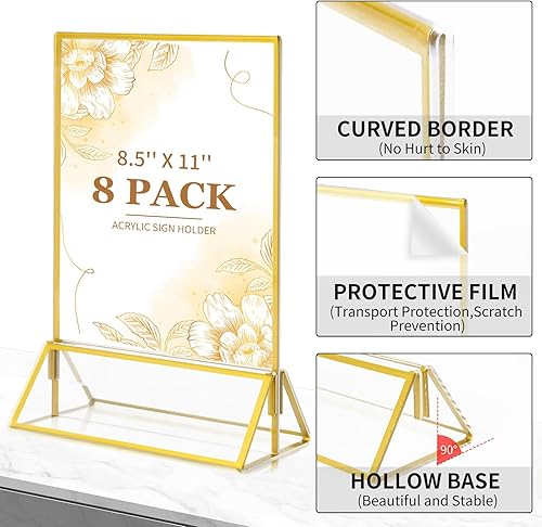 Miniatura 2 de AOVEK Paquete de 8 soportes acrílicos de 8.5 x 11 pulgadas con borde dorado, para exhibición de folletos de documentos de oficina, soportes de menú