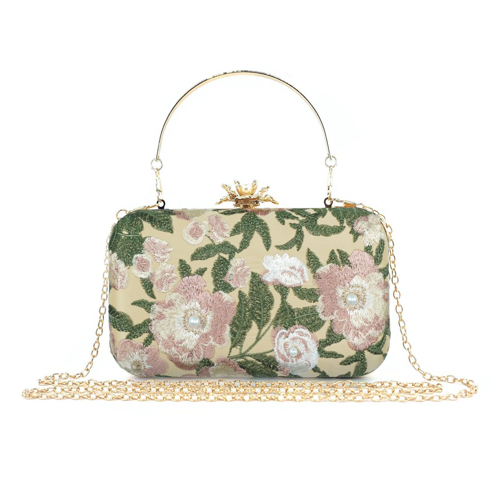 Bolso de Noche para Mujer, Bolso de Mano con Bordado Floral, Perla Clutch de Cóctel con Cadena, Bolso de Hombro Jacquard para Boda, Fiesta