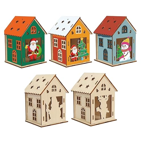 NASSMOSSE 5 Pack Wooden Houses for Crafts 3D DIY Christmas