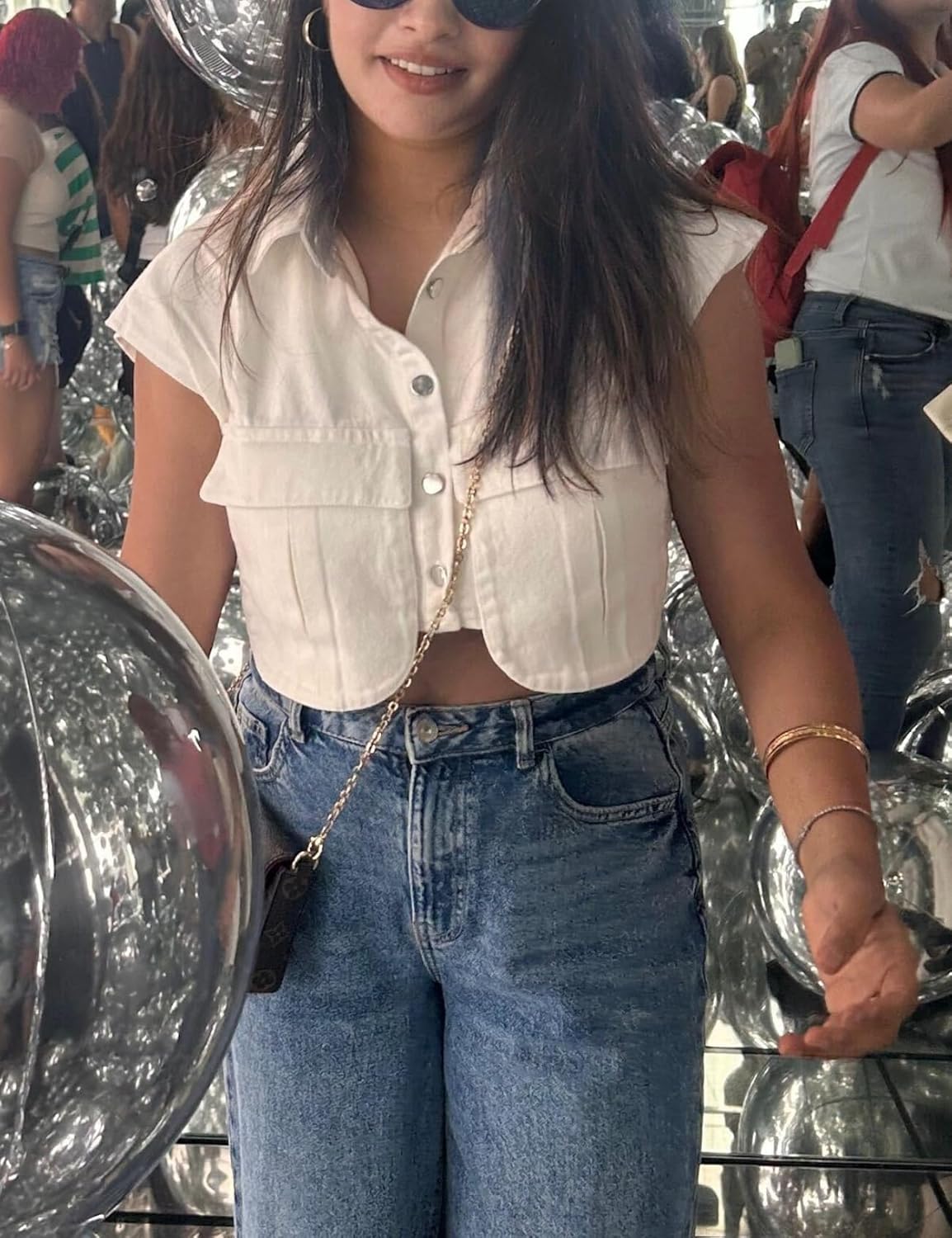 Womens Denim Cropped Button Down Shirt Collared Sleeveless Summer Loose Jean Crop Top with Pockets - Image 7