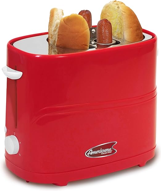 Elite by Americana ECT-542R Retro Pop-Up Hot Dog and Bun Toaster Cooker Machine with Tongs, Heat Veggie Links Kosher Beef Turkey Sausages Bratwurst, 2 Slice, Red