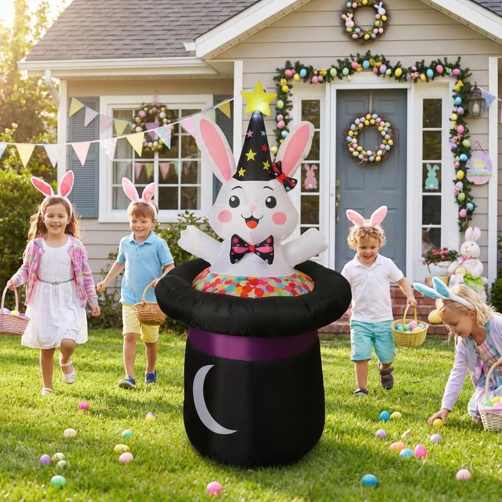 3.8 FT Easter Inflatable Cute Bunny Outdoor Decorations, Easter Blow up Banner Bunny Yard Decorations Build-in Flashing LED Lights, Decorate Outdoor Indoor Garden Lawn Yard.