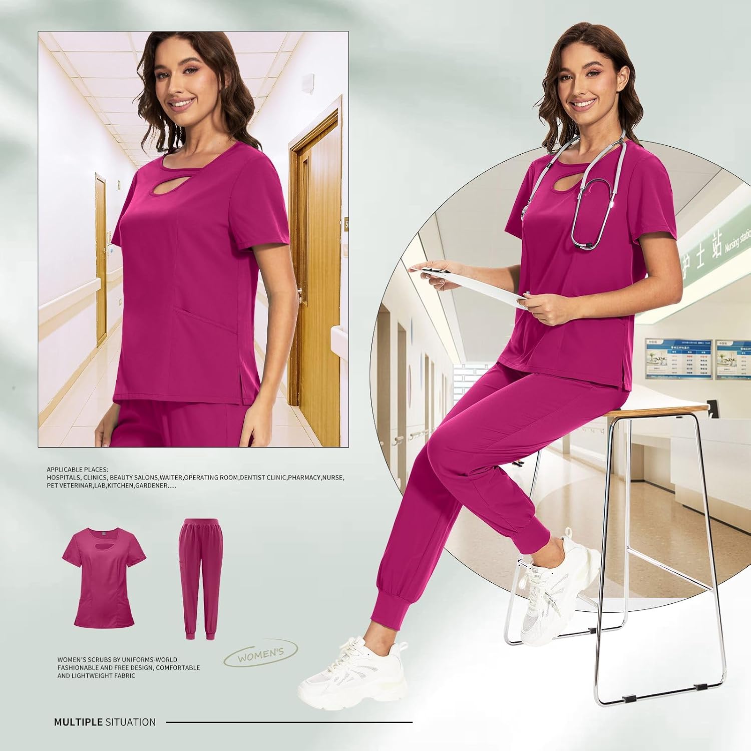 niaahinn Scrub Set for Women New Design Neck 4 Way Stretch Top & Jogger Pant with Pockets