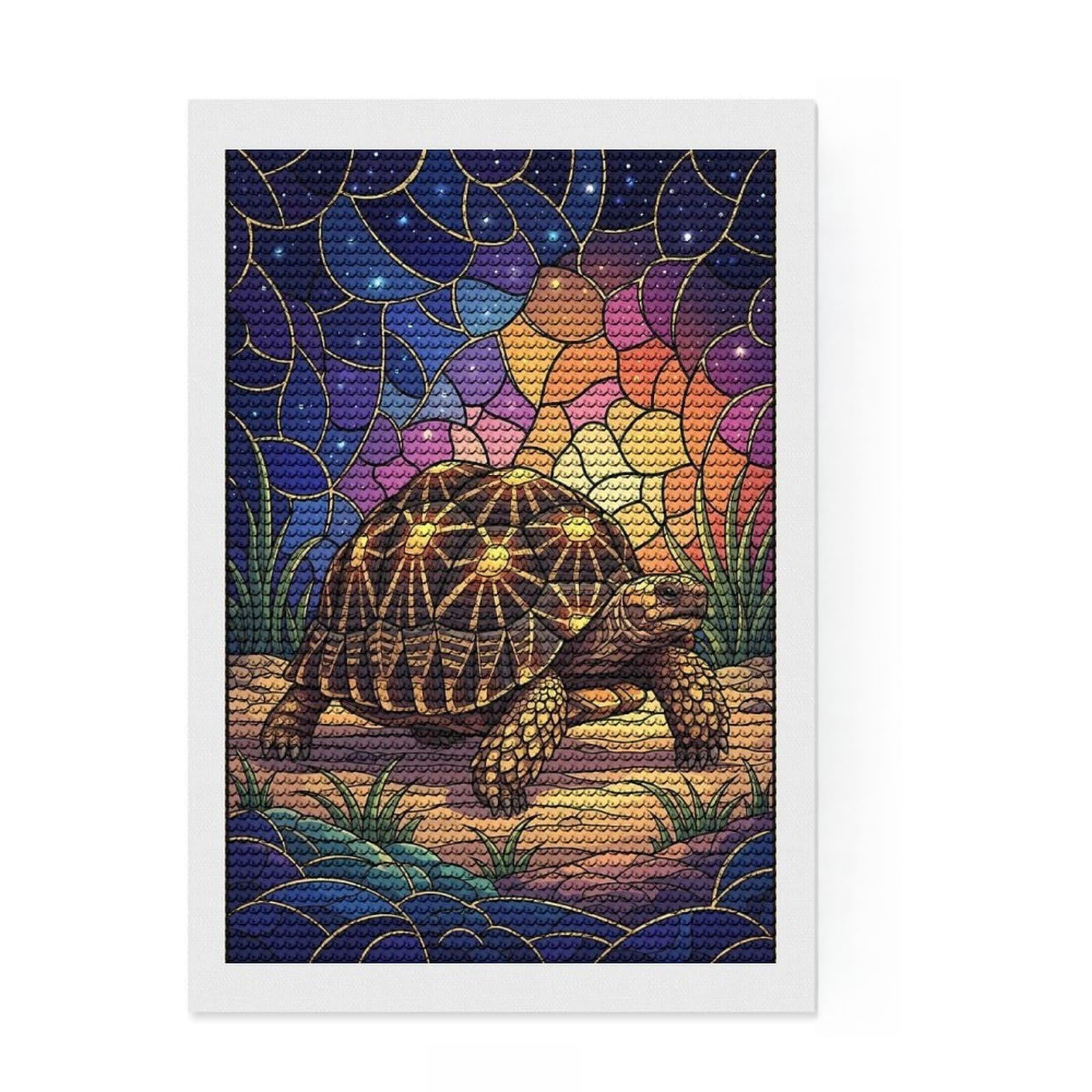 Junmoney Stained Glass Turtle Diamond Painting Kit 8"x12", Neat Printed Canvas, Sparkling Round Gems, Fun Craft Experience, Office Decor