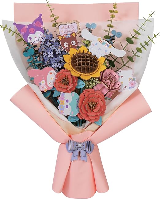 Hands Craft Hello Kitty Bouquet 3D Wooden Puzzle Kit | DIY Floral Model | Arts & Crafts for Adults & Kids | Creative Hobby Kits | Hello Kitty Characters | Wood Building Set | Lovely Gift