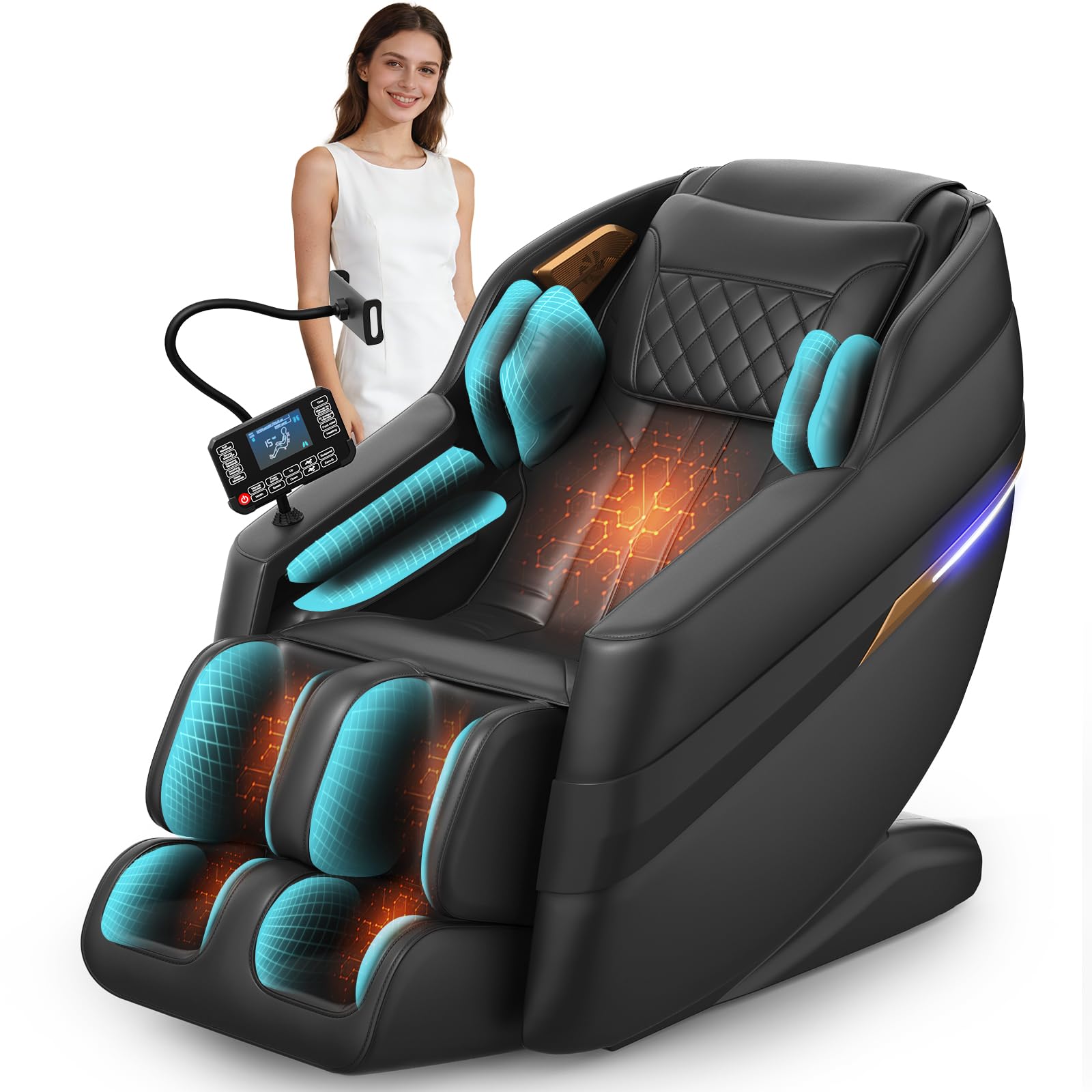 Gegcucey 3D SL-Track-Massagesessel, Ganzkörper-Massagesessel mit 8 Luftkammern, Heizfunktion für Beine und Taille, Fußrollenmassage, KI-Sprachsteuerung und Bluetooth-Lautsprecher, Zero-Gravity-Modus