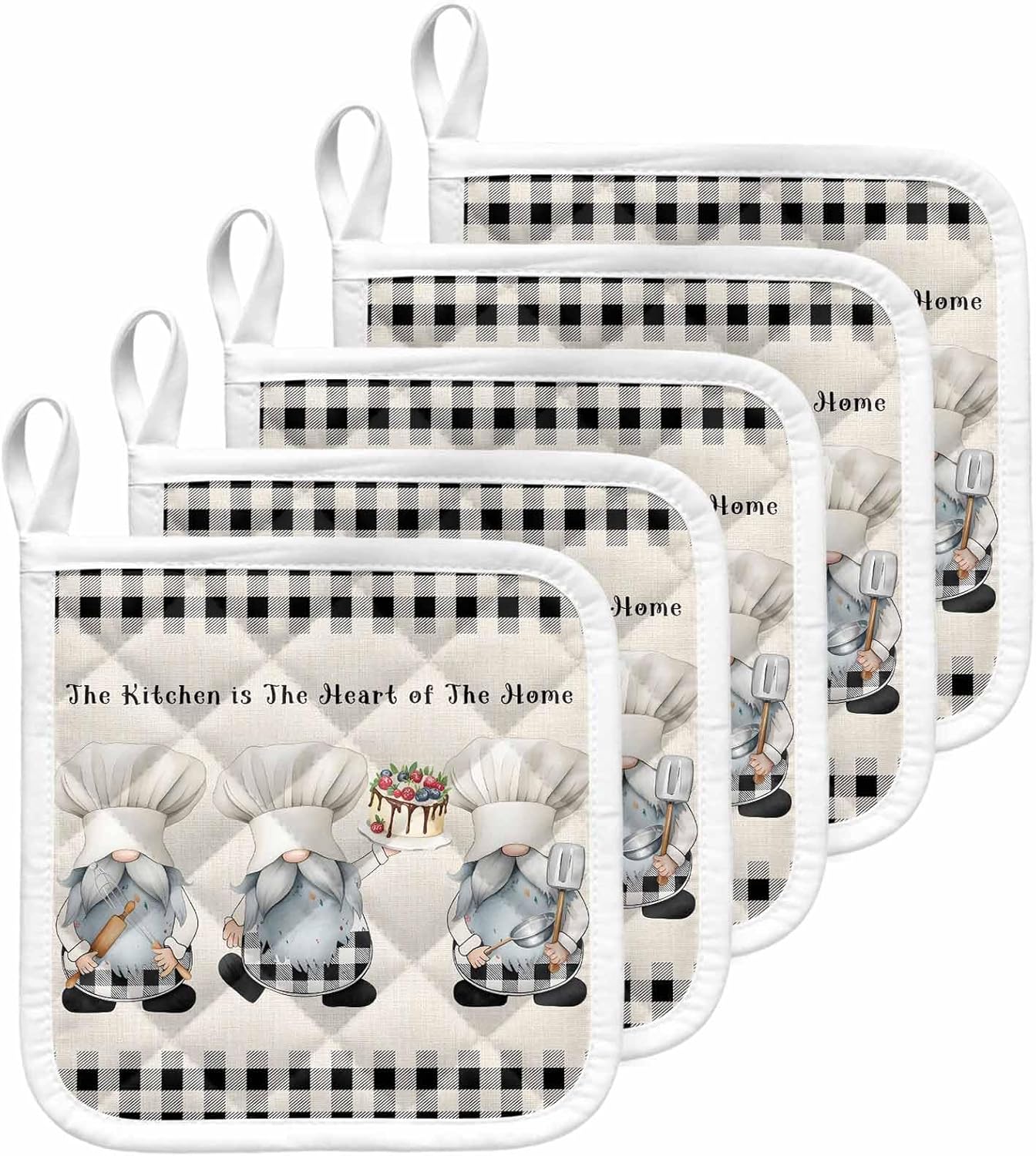 5 Pack Pot Holders for Kitchen, Chef Gnomes Hot Pads for Kitchen Countertops Oven Pot Holder Bulk, Black Grey Plaid Cake Cook Dessert Burlap Heat Insulation Potholders with Hanging Loops