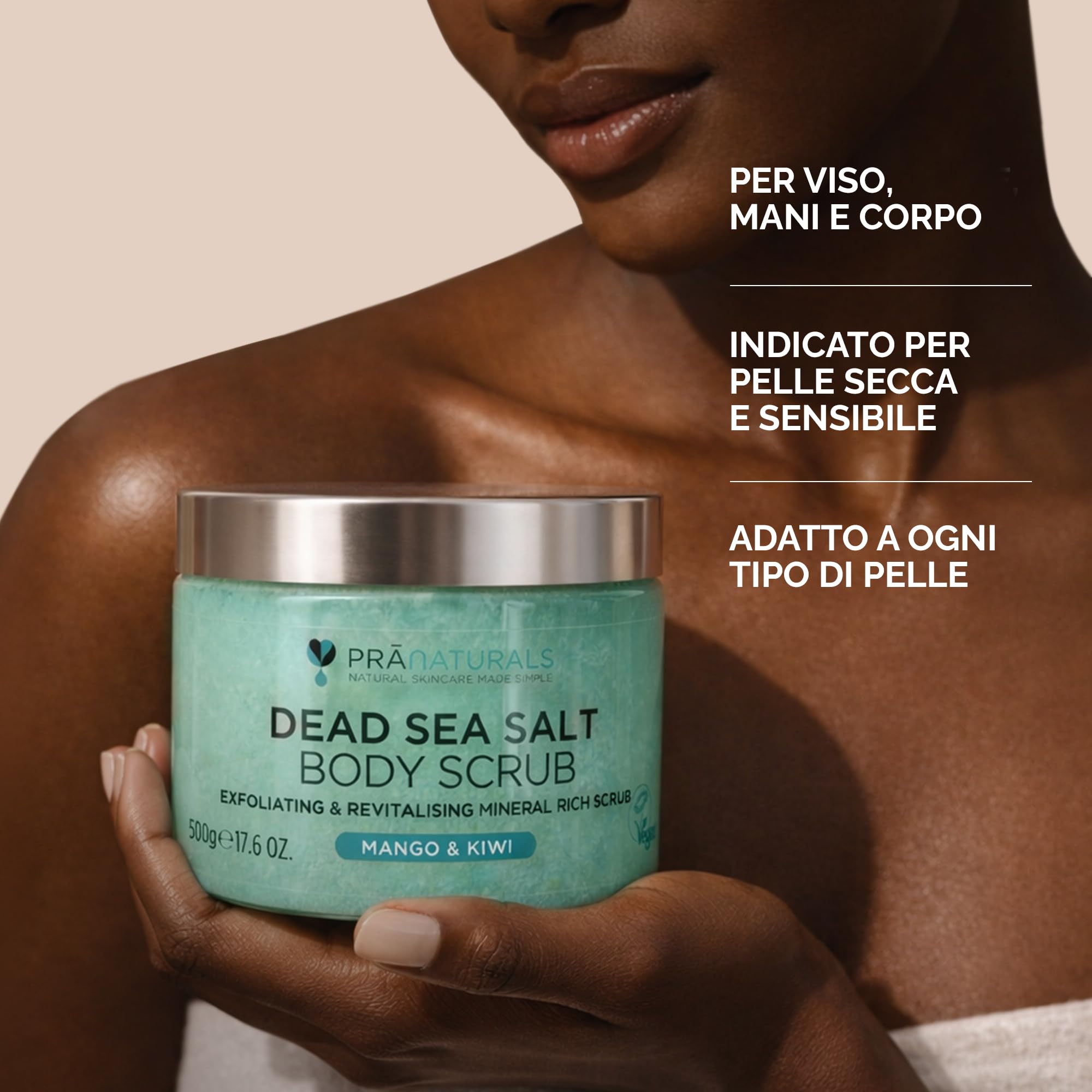 Pranaturals Scrub Corpo Rivitalizzante ai Sali del Mar Morto 500g, Esfoliante e Nutriente, Ricco di Minerali Naturali, Ideale per Tutti i Tipi di Pelle (Mango e Kiwi)
