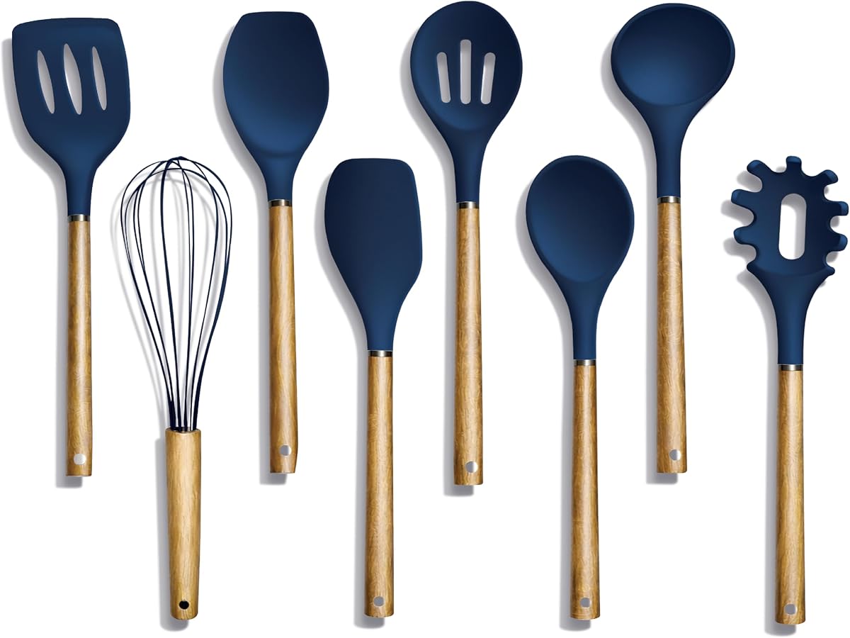 Country Kitchen Juego de utensilios de silicona antiadherentes con mangos de madera redondeados para cocinar y hornear, juego de 8 piezas, azul marino
