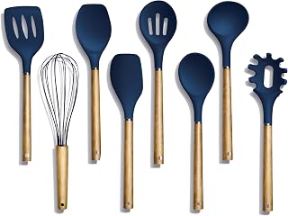 Country Kitchen Non Stick Silicone Utensil Set with Rounded Wood Handles for Cooking and Baking, 8 Piece Set, Navy