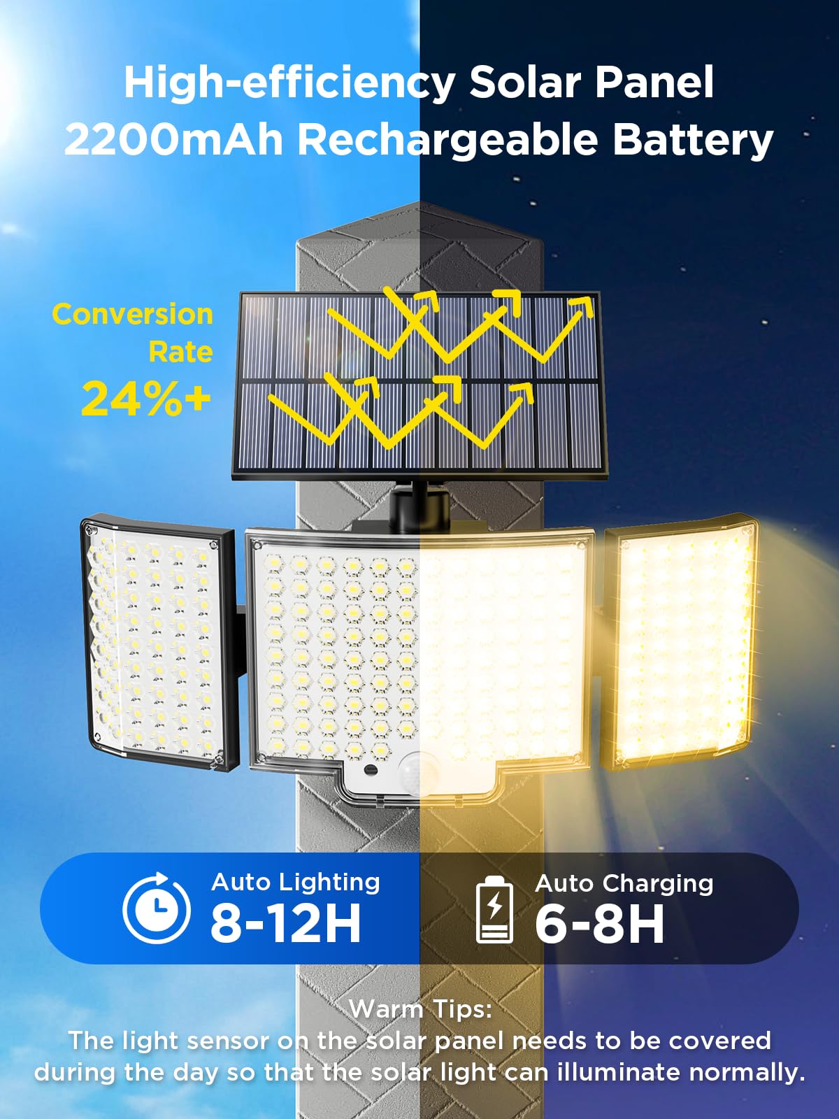 Topabol Faretto LED da Esterno con Sensore di Movimento, 212 LED 3 Modos Lampada Solare da Esterno, IP65 Grandi Luce Solare LED Esterno, 340° Illuminazione (2 Pezzi - Bianco Caldo)