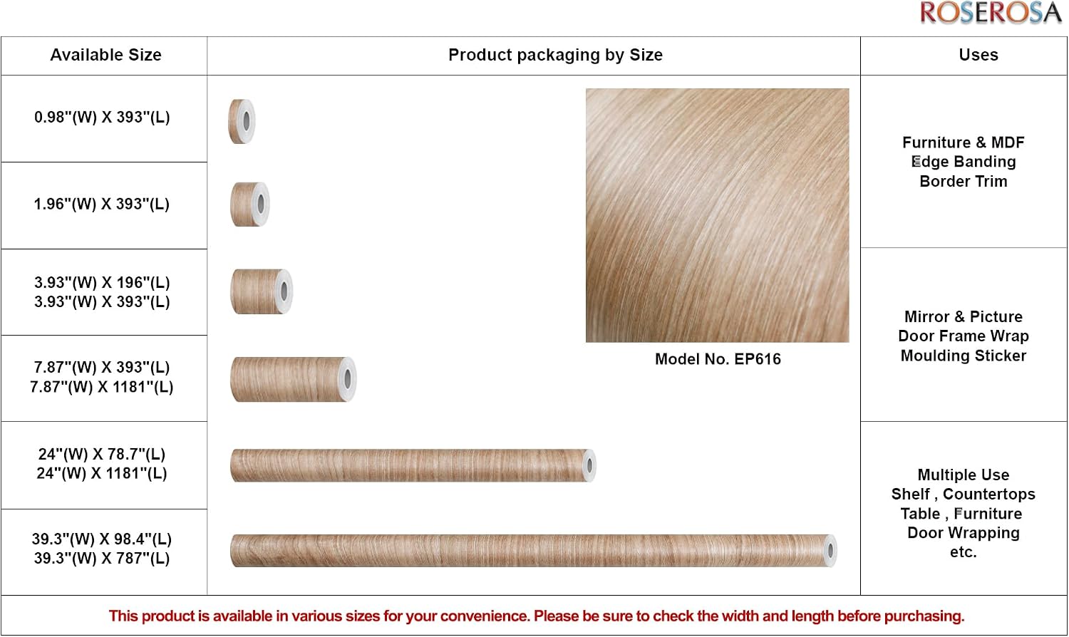 ROSEROSA Peel and Stick Faux Cherry Wood Architectural Film Self-Adhesive Vinyl Film Wallpaper Door Wrap Counter Top Border Mirror Molding Trim EP616