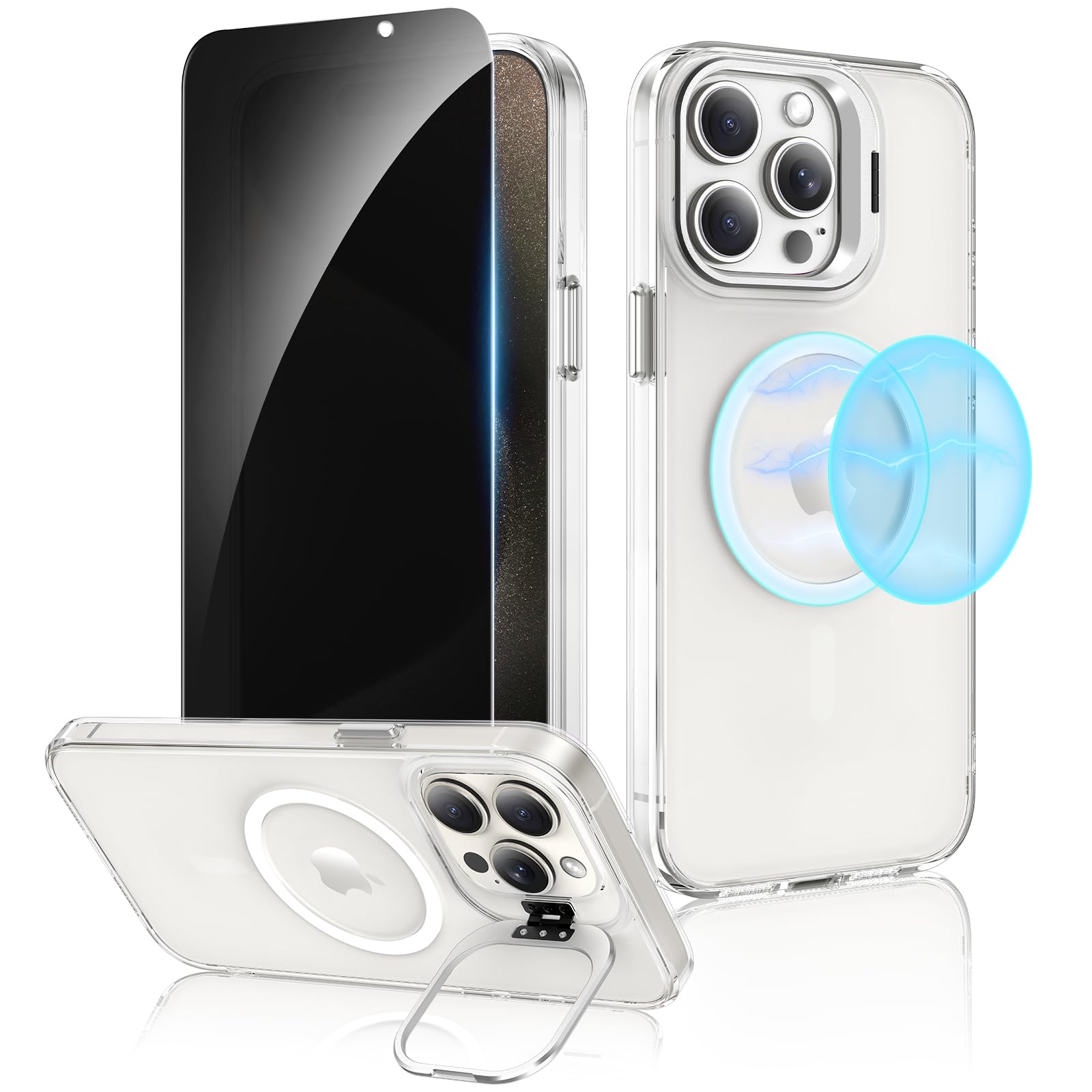 Ruky for iPhone 15 Pro Max Case with Privacy Screen Protector, [with Detachable Buttons] Compatible with MagSafe, Translucent Magnetic Phone Cover,