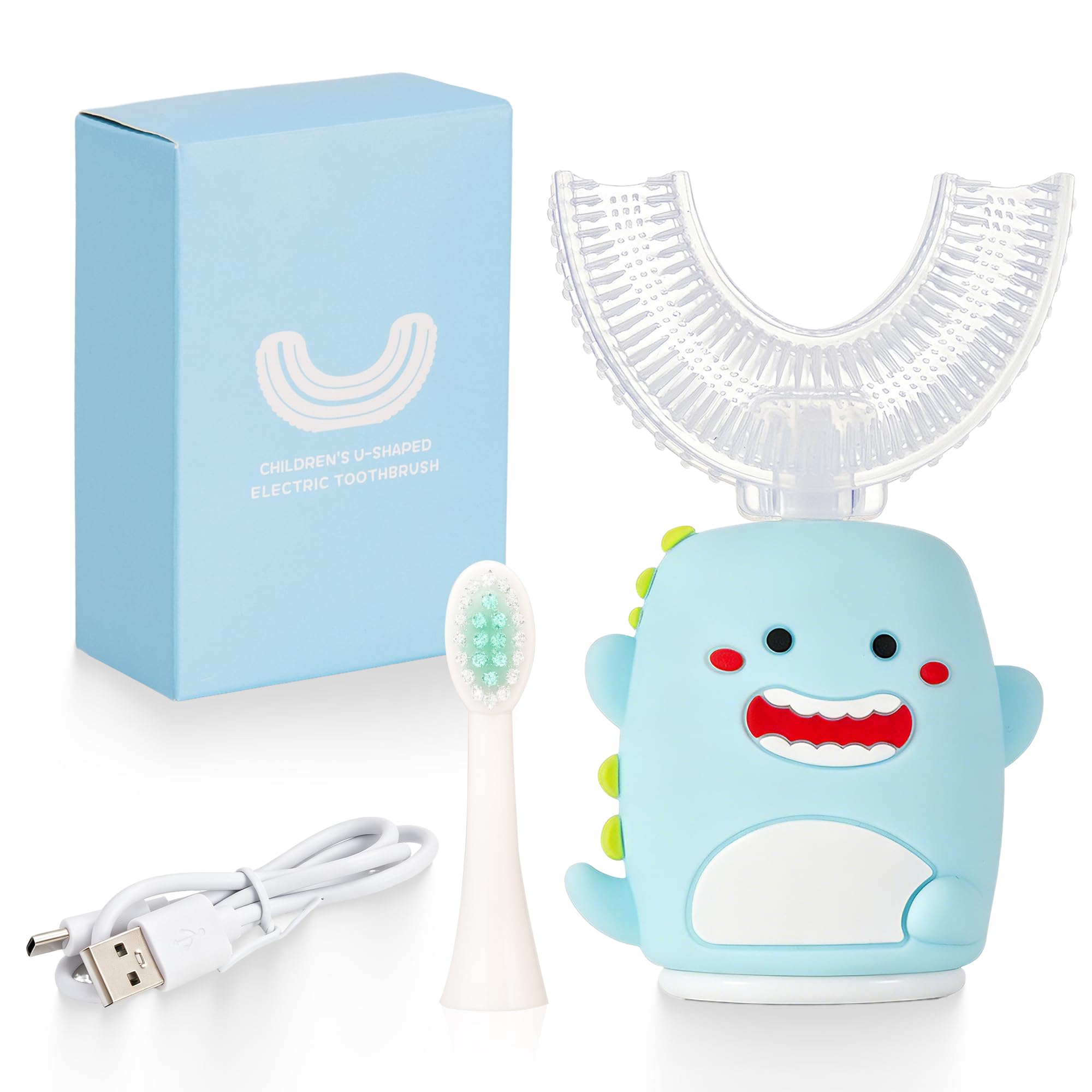 kids sonic electric toothbrush u shaped automatic timer ipx7 waterproof 5 modes 360ã‚° oral cleaning teeth whitening gums massage replaceable soft cartoon modeling design for child 7-15 (blue dinosaur)