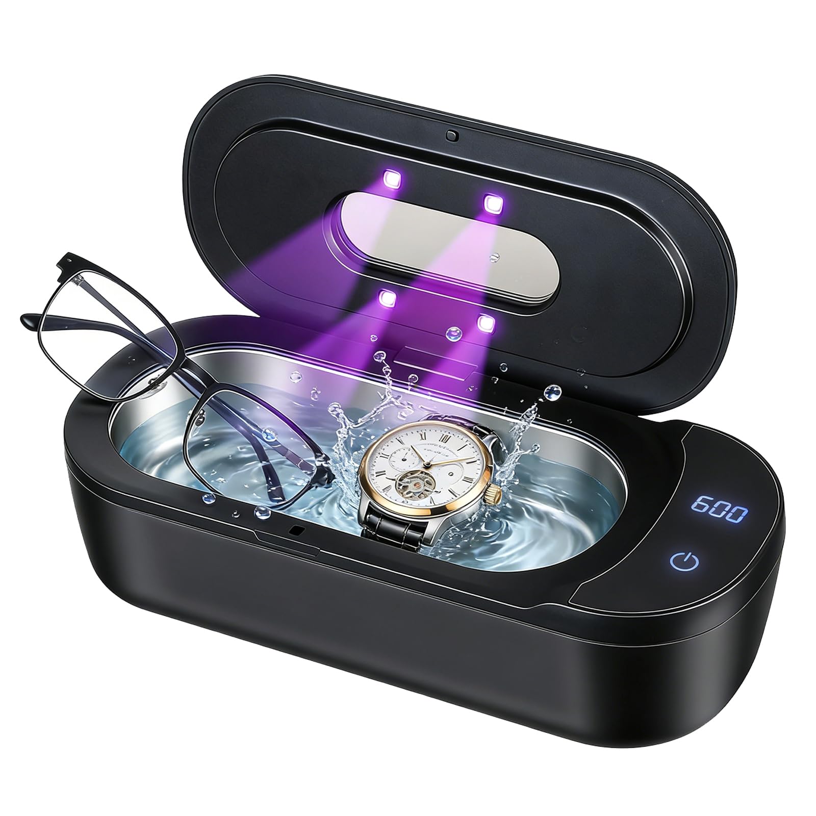 ERWEY Limpiador Ultrasonidos 48000Hz, Ultrasonic Cleaner de 400 ML, Limpiador ultrasónico y 2 Modos de Limpieza, Ultrasonidos Sónico para dentaduras postizas, joyas, gafas y relojes, Negro
