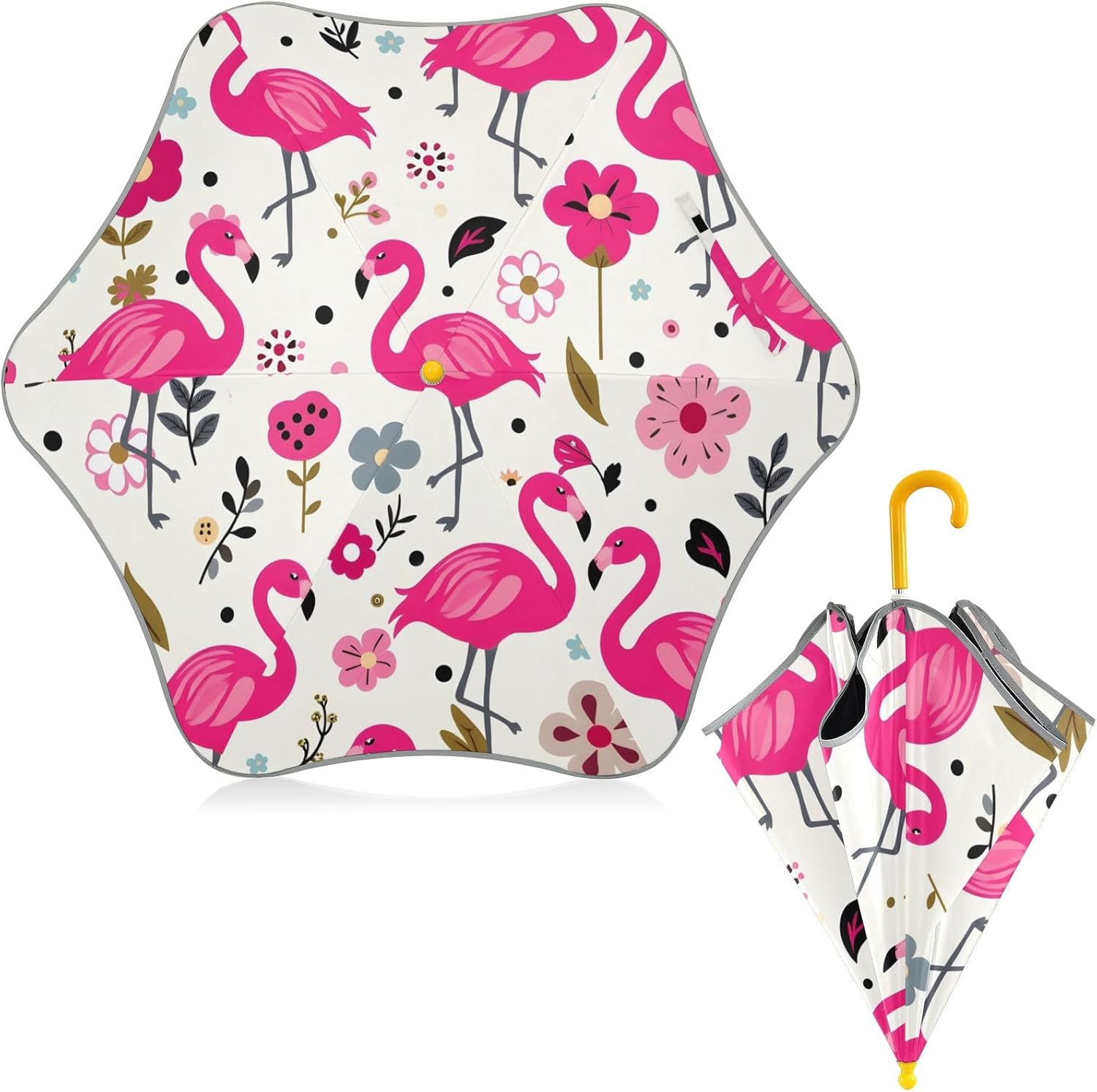 Flamingo Flower Pattern Kids Umbrellas for Rain UV Protection Umbrellas Travel Portable Umbrella for Girls and Boys