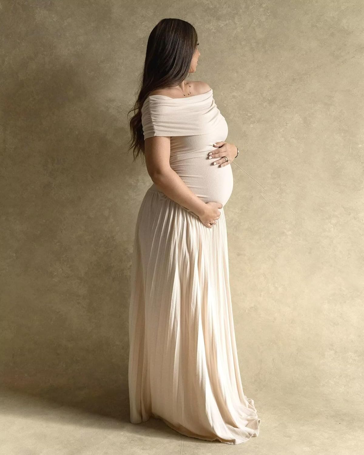 SHSUREVE Womens Maternity Dress for Photoshoot Off Shoulder Long Baby Shower Dress Pleated Pregnancy Outfit - Image 3
