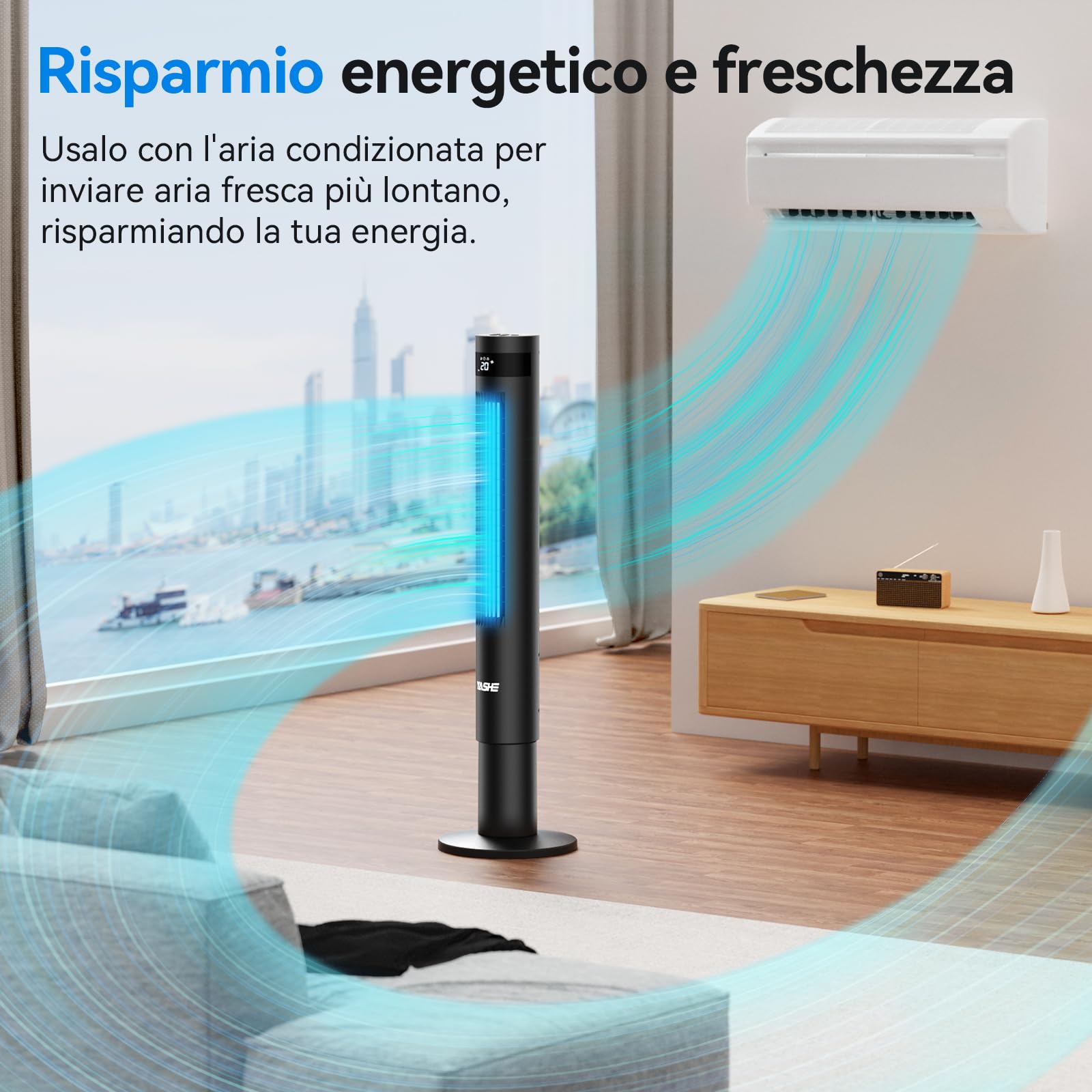 YASHE 43'' Ventilatore a Torre, 85° Oscillazione Ventilatore Senza Pale, 28dB Ventilatore a Torre Silenzioso, 3 Velocità 3 Modalità di Ventilazione, Ventilatore a Colonna con Telecomando