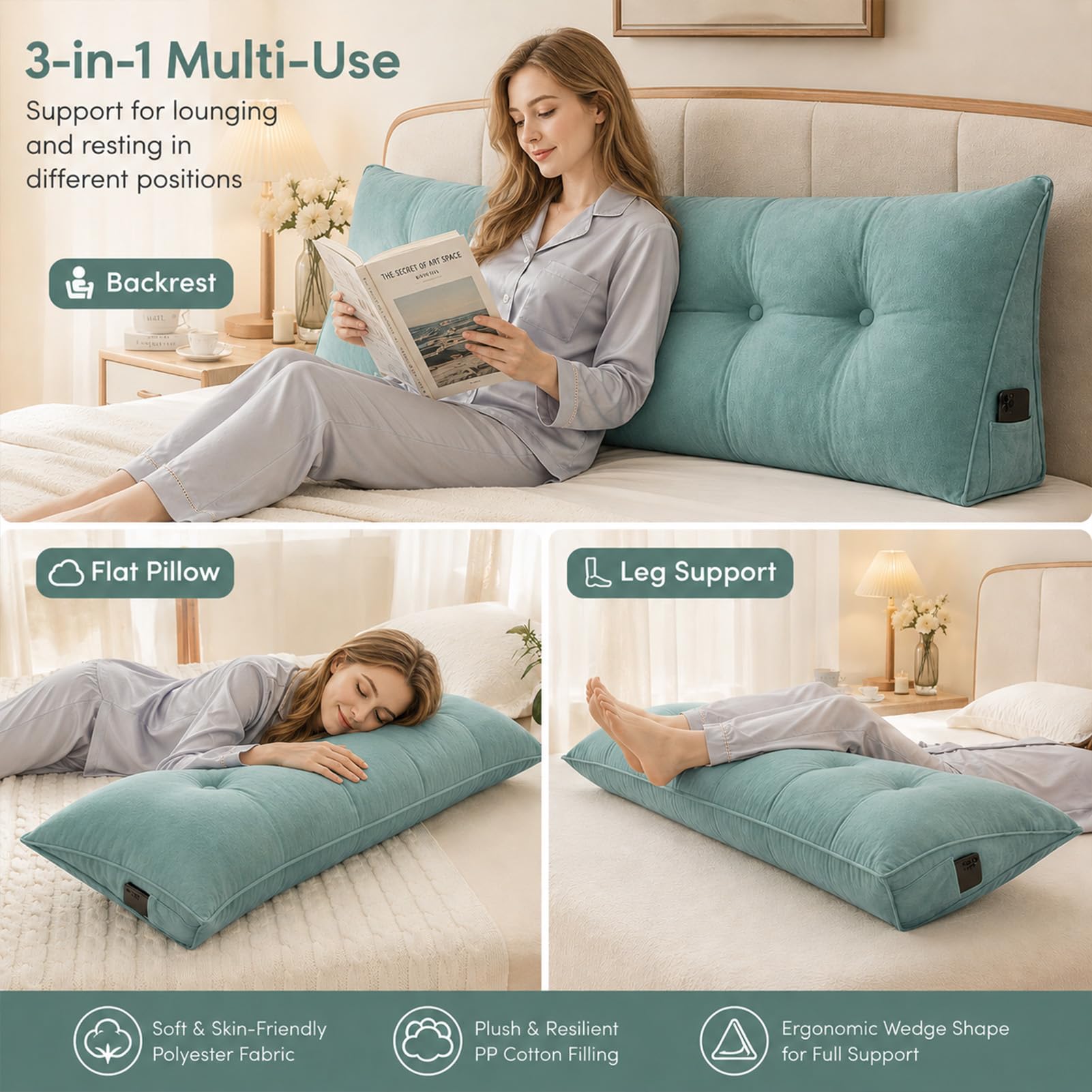 AEHO Cuscino da Lettura Letto Cuscino a Cuneo Triangolare Cuscino Schienale Divano, Morbido Spessore 20cm EPE, 3-in-1 5 Zone Ergonomico per Testata Letto Casa,Grey02,60 * 50 * 20CM