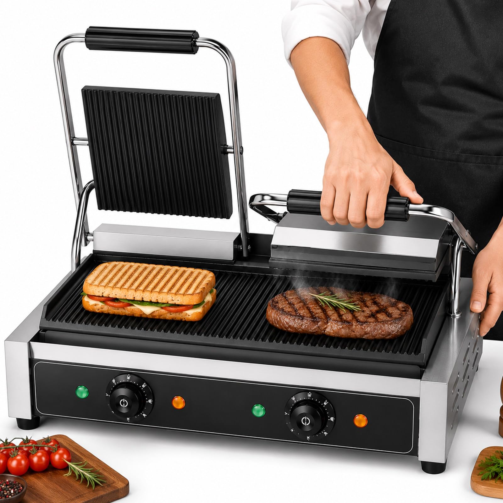 Prensa para panini, parrilla para interiores y sandwichera gourmet Double-C
