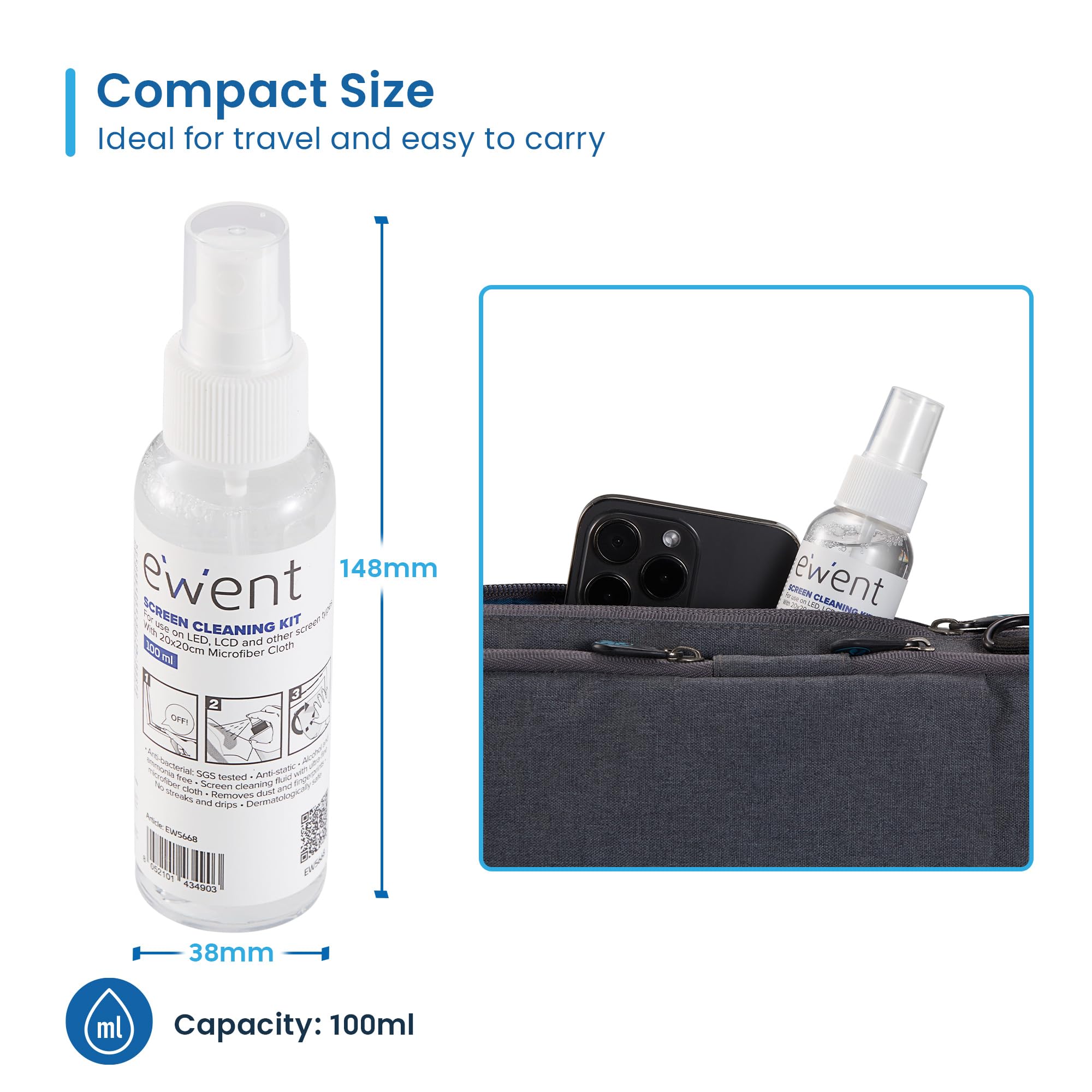 Ewent Kit di Pulizia per Schermi, Smartphone, iPad/Tablet, Occhiali, Lettori eBook, Monitor, Touchscreen e TV, 100 ml Detergente Spray + Panno in Microfibra (20x20cm), Senza Striature e Senza Strisce