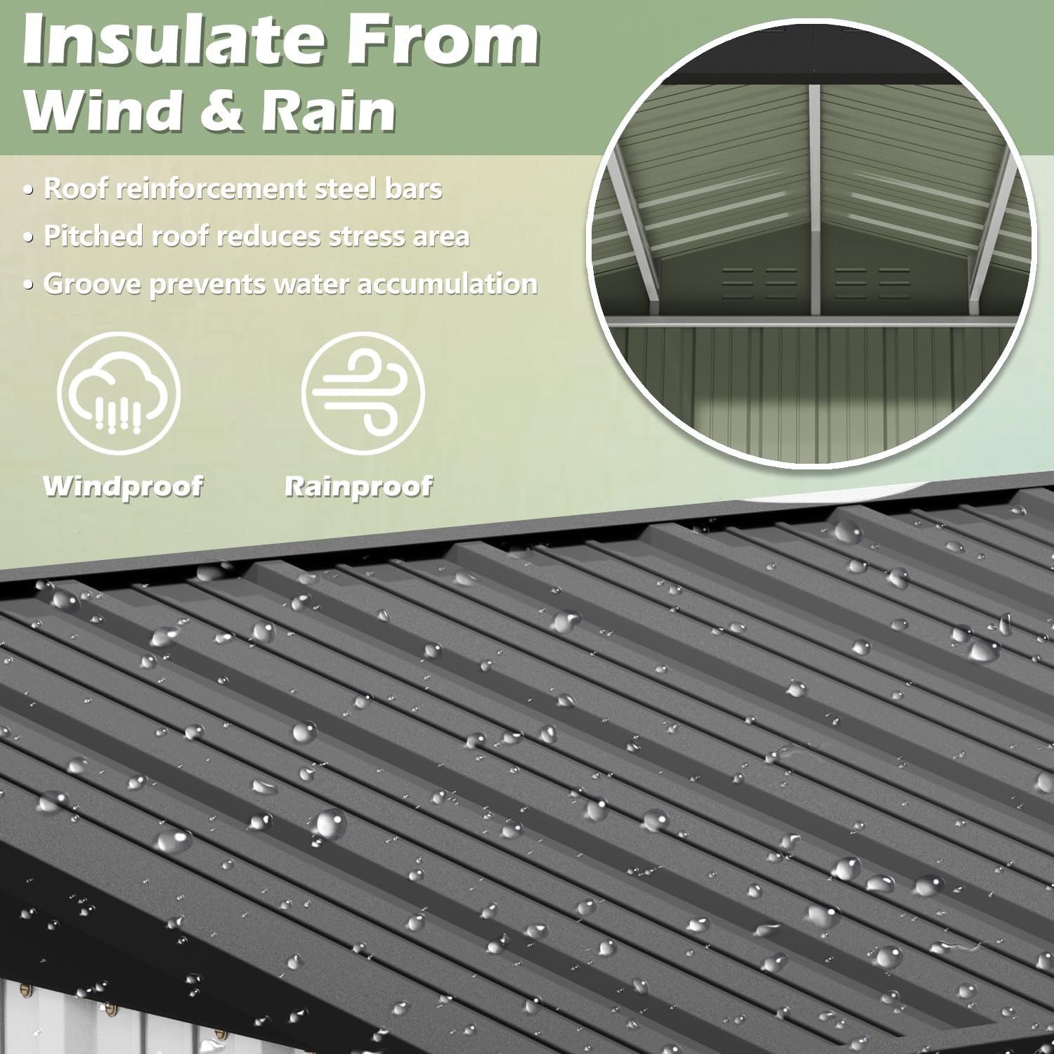 Close-up of the shed roof showing reinforcement steel bars and pitched design for water drainage