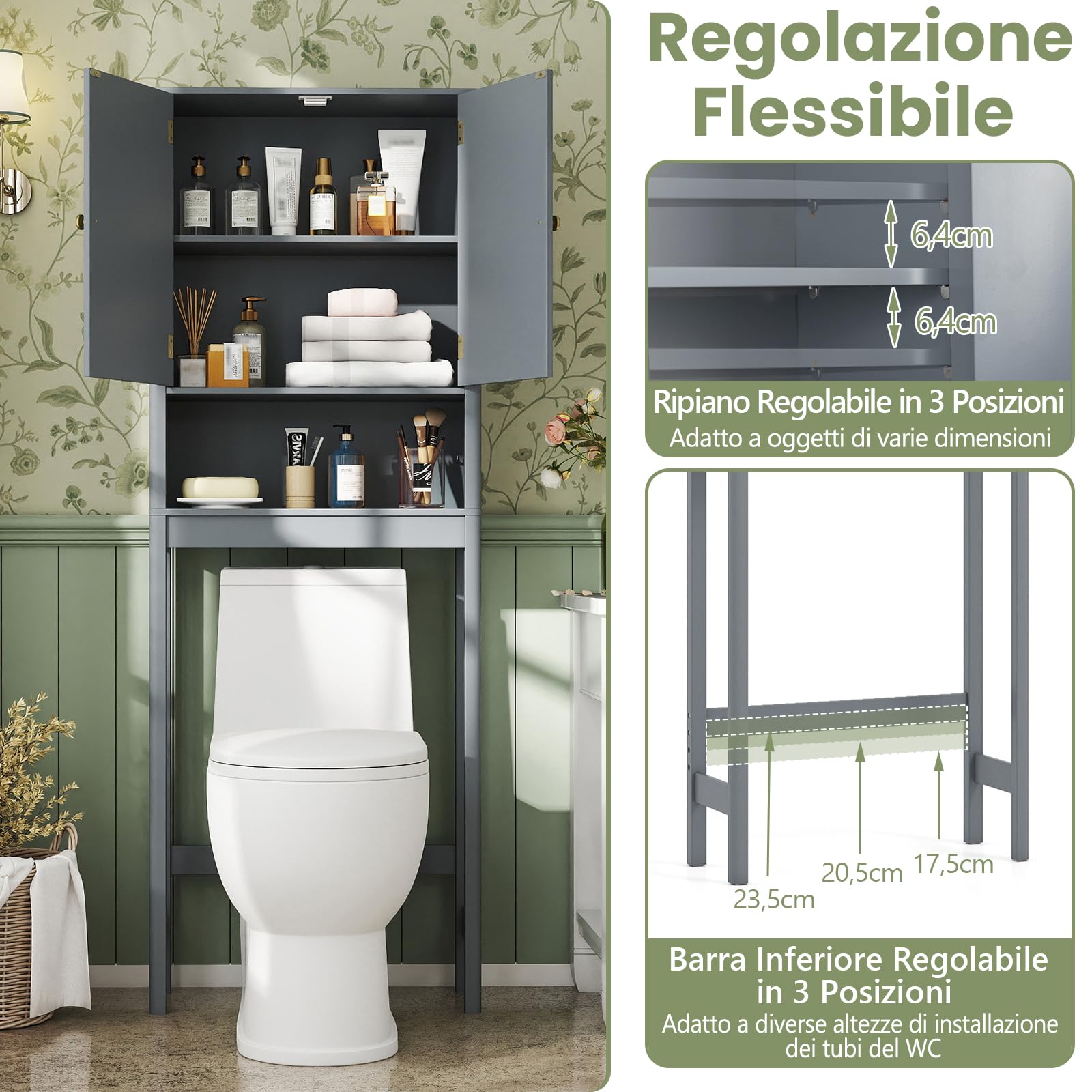COSTWAY Mobile Bagno Sopra WC, Scaffale per Lavatrice Salvaspazio con 2 Ante, Mensola Aperta e Ripiano Regolabile, Armadietto Sopra Gabinetto in Legno, 60 x 23 x 168 cm (Grigio)