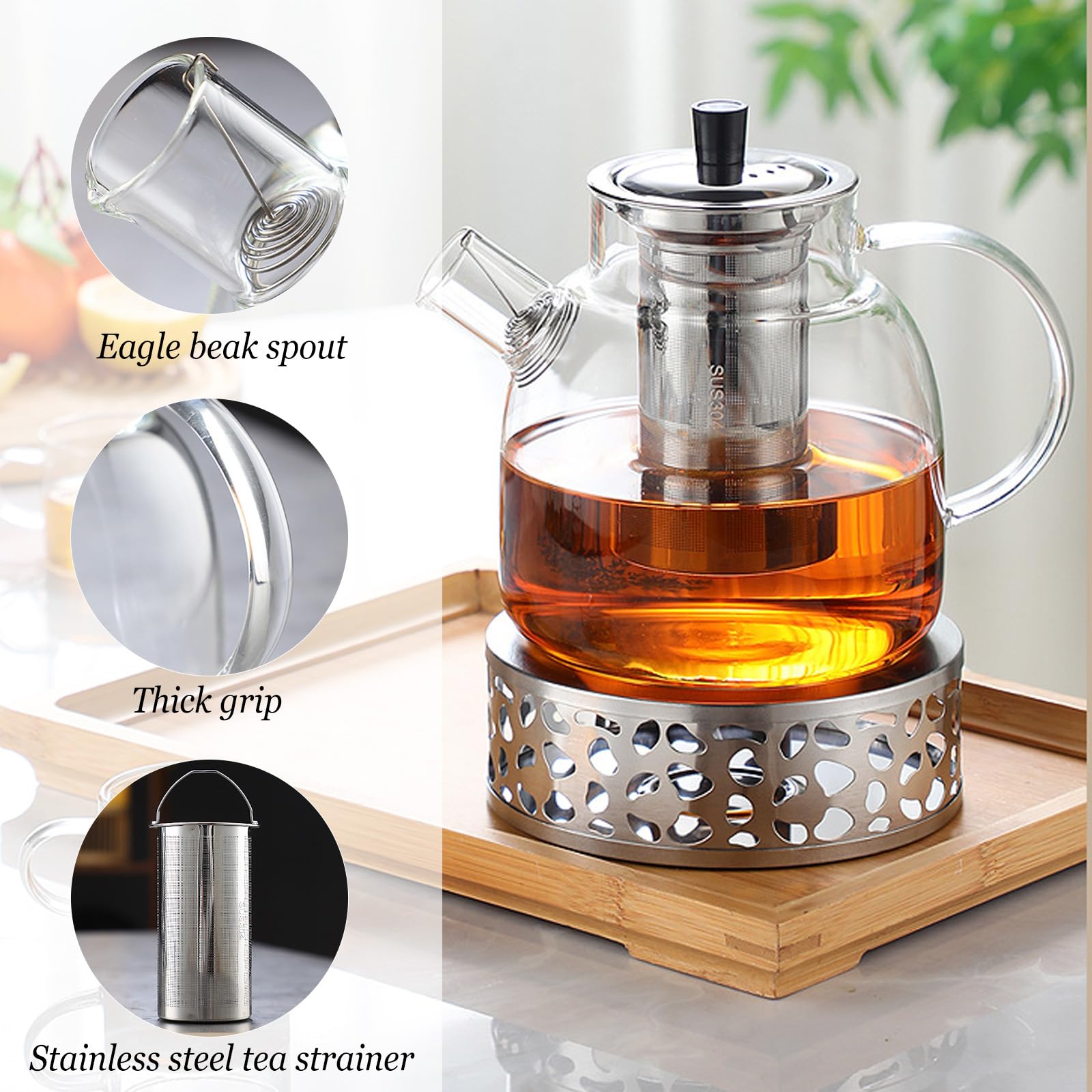 Tetera con Calienta Teteras e Infusor 1500ml, Tetera de Vidrio con Calienta Teteras de Acero Inoxidable, Tetera de Vidrio Borosilicato, Té de Frutas – Tetera de Vidrio para Vitrocerámica y Vela