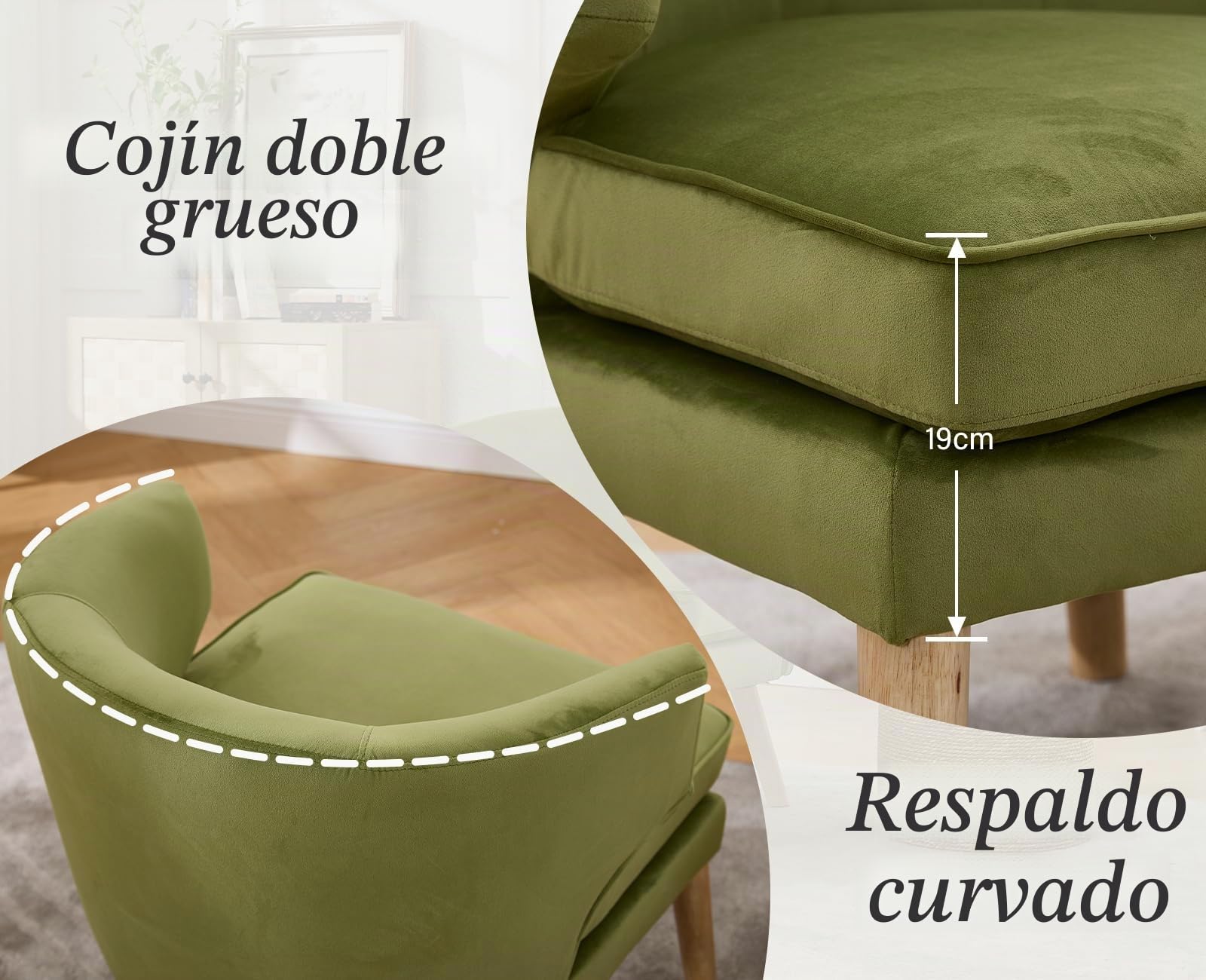 chairus Sillón de Lectura con Patas de Madera Butaca de Estilo Nórdic, Sillón de Terciopelo con Respaldo y Brazos de Forma Redondeada para Salón/Dormitorio,Verde