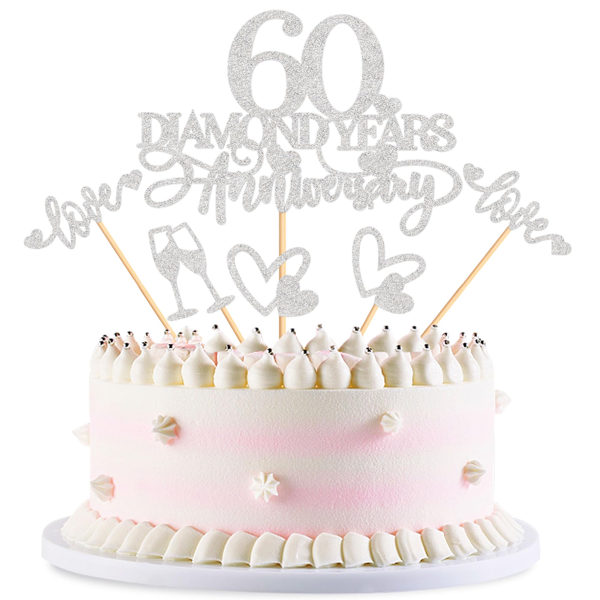 Blumomon 25 adornos para tartas de 60 aniversario de boda, purpurina plateada, 60 diamantes, boda, aniversario, corazón, decoración de pastel para celebración, 60 aniversario de boda, suministros de