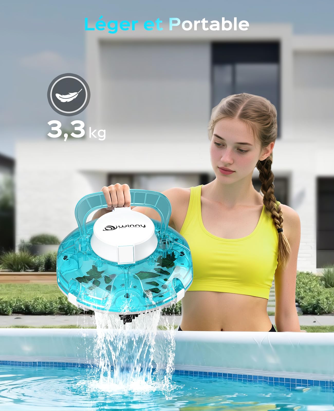 WINNY POOL CLEANER Winny 200 Robot Piscine, Aspirateur Piscine sans Fil avec Batterie, Autonomie 80 Min pour Piscines Hors-Sol 60m², Double Filtration,Stationnement Automatique(Bleu Marine-Blanc)