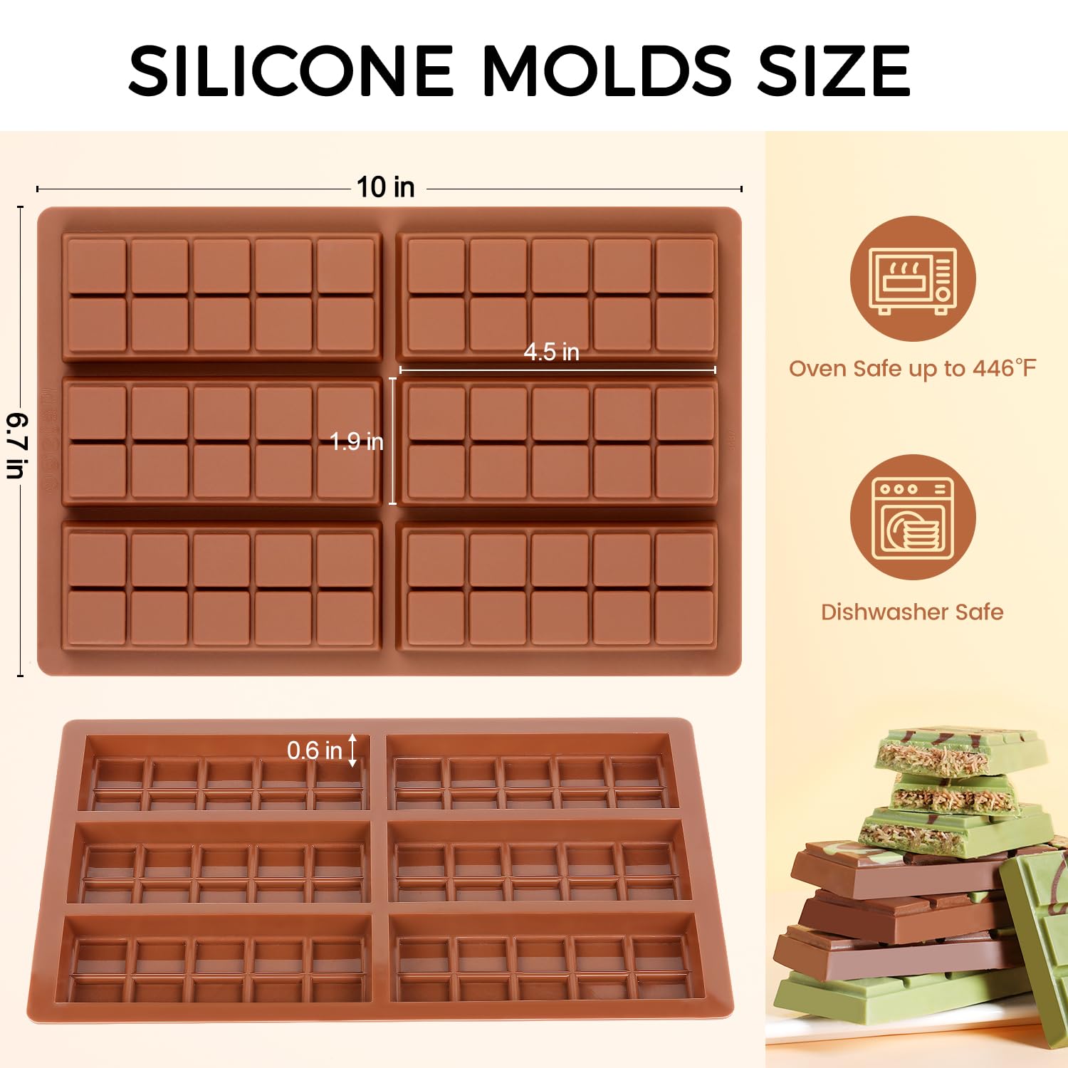 Molde de barra de chocolate, moldes antiadherentes de chocolate Dubai, molde de silicona de grado alimenticio para barra de chocolate profundo para pistacho, caramelos, juego de 3